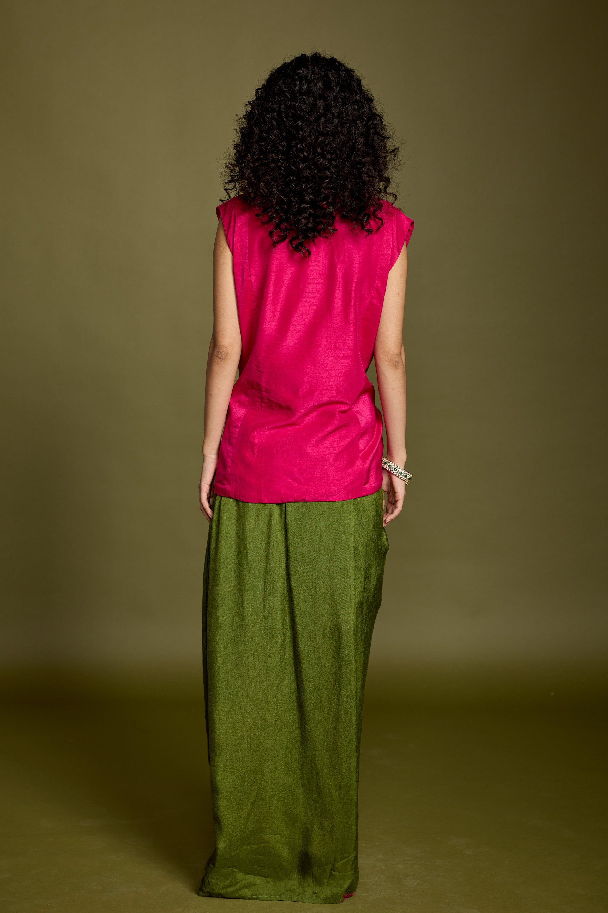 Bold Pink Embellished Raw Silk Drape Skirt With Jacket