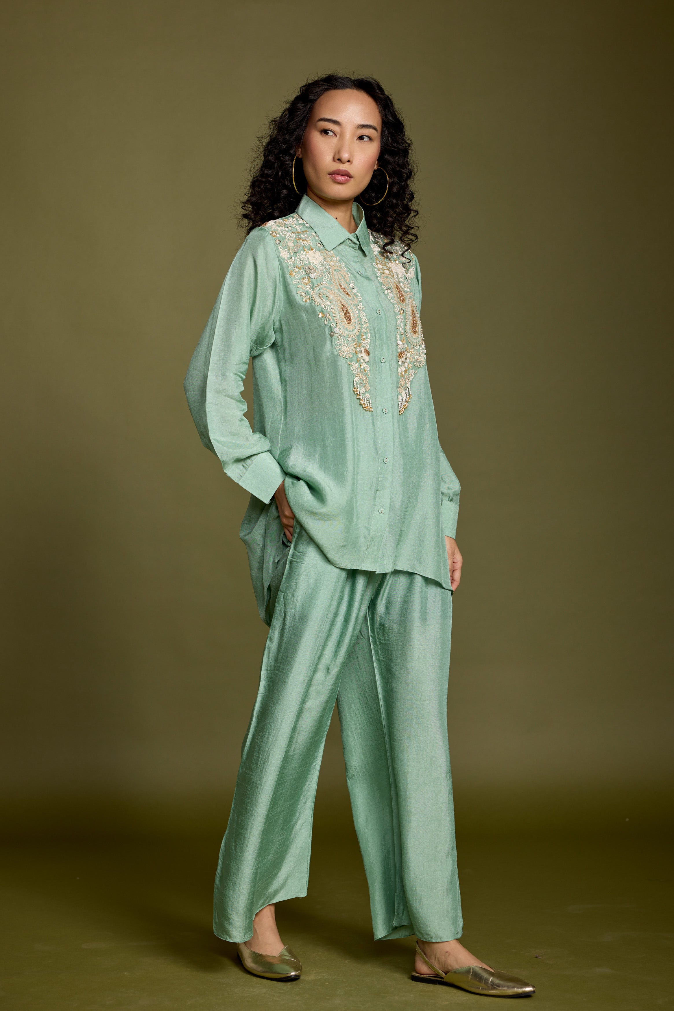 Mint Green Embellished Raw Silk Co-Ord Set