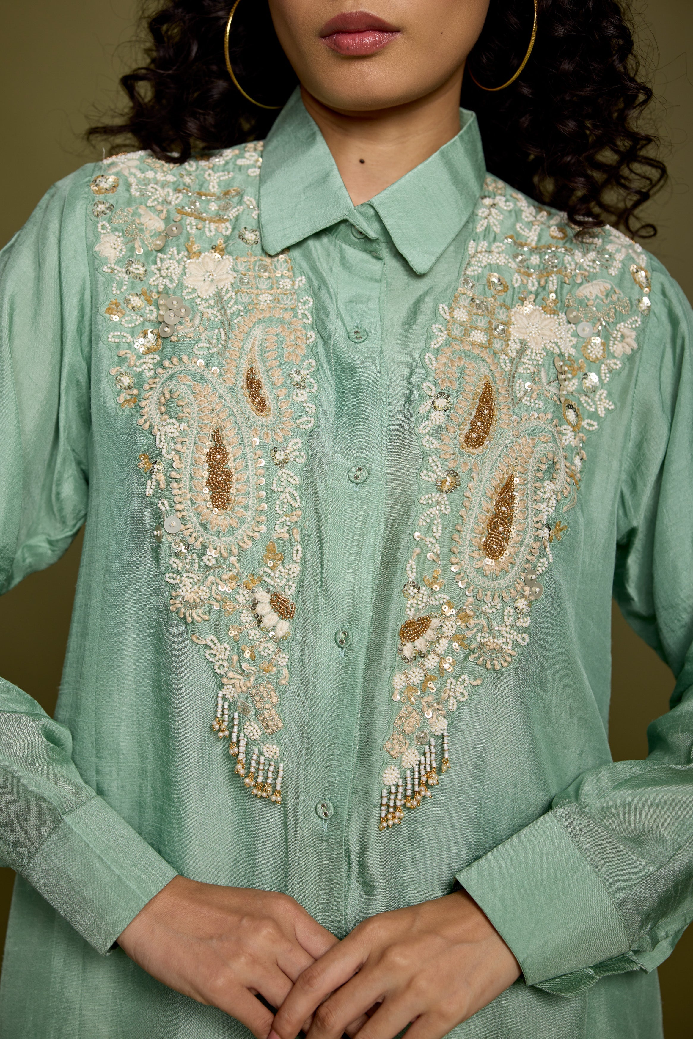 Mint Green Embellished Raw Silk Co-Ord Set