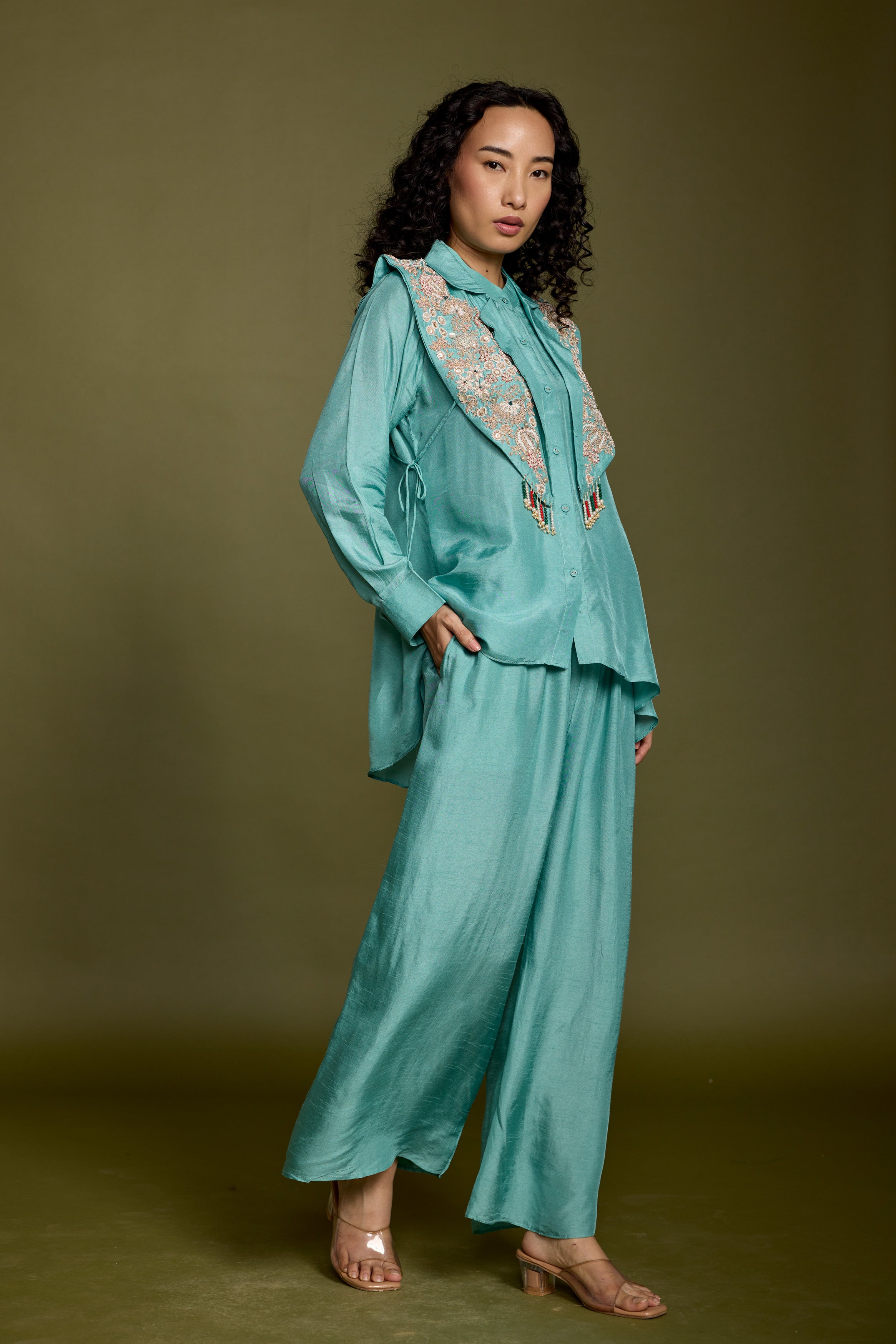 Aqua Blue Embellished Raw Silk Co-Ord Set