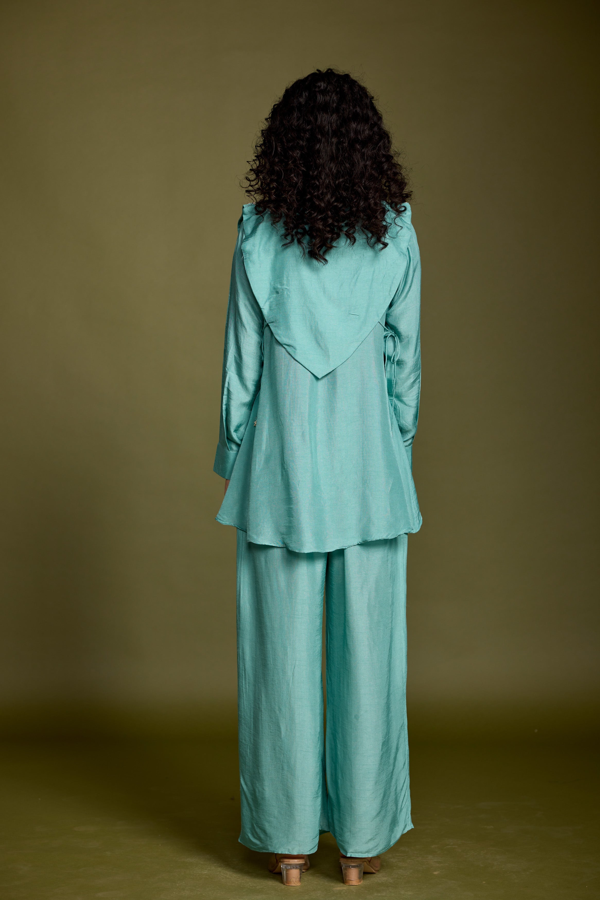 Aqua Blue Embellished Raw Silk Co-Ord Set