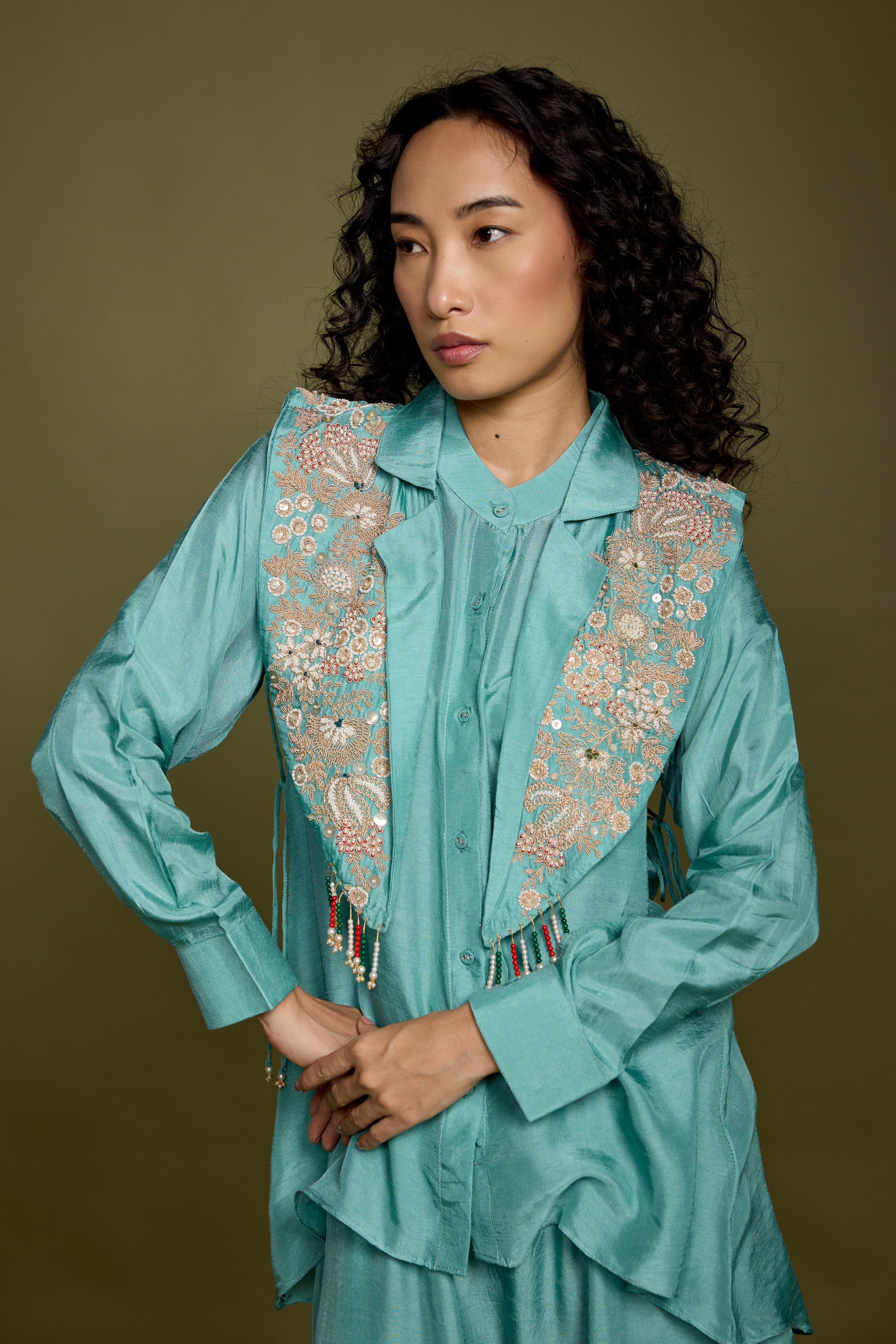 Aqua Blue Embellished Raw Silk Co-Ord Set