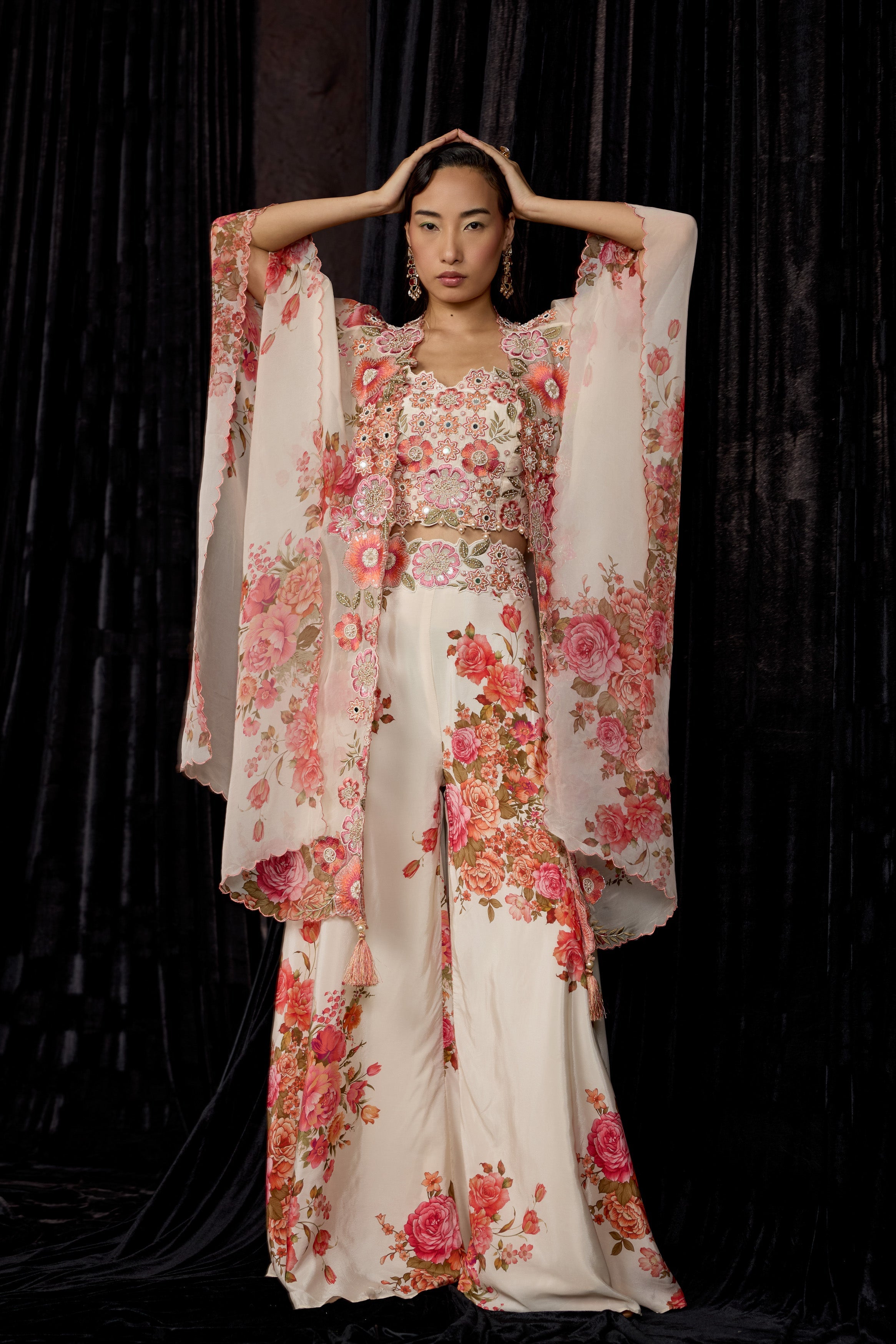 Off-White Printed Crepe Silk Cape Set