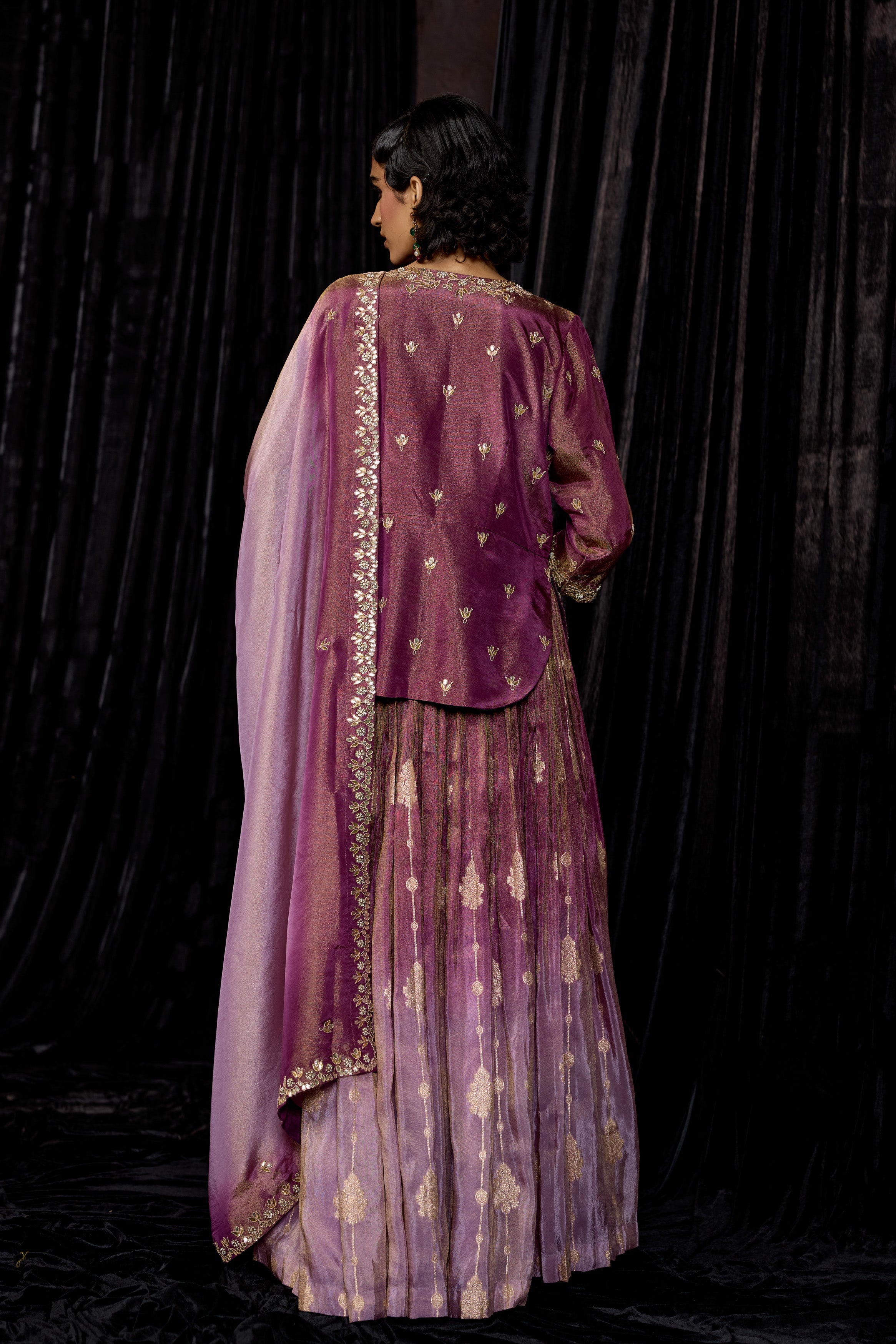 Plum Purple Embellished Shimmer Tissue Silk Skirt Set