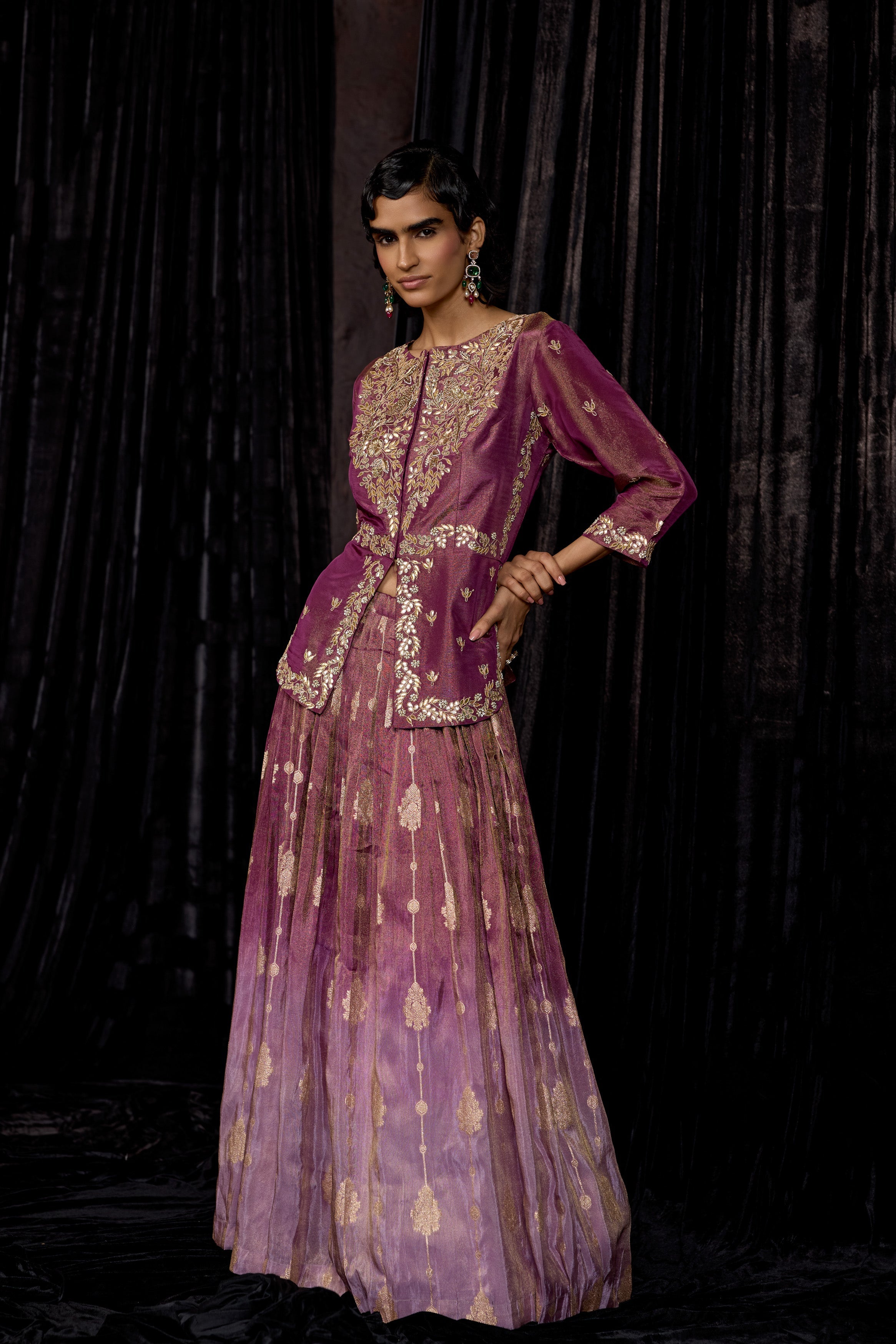 Plum Purple Embellished Shimmer Tissue Silk Skirt Set