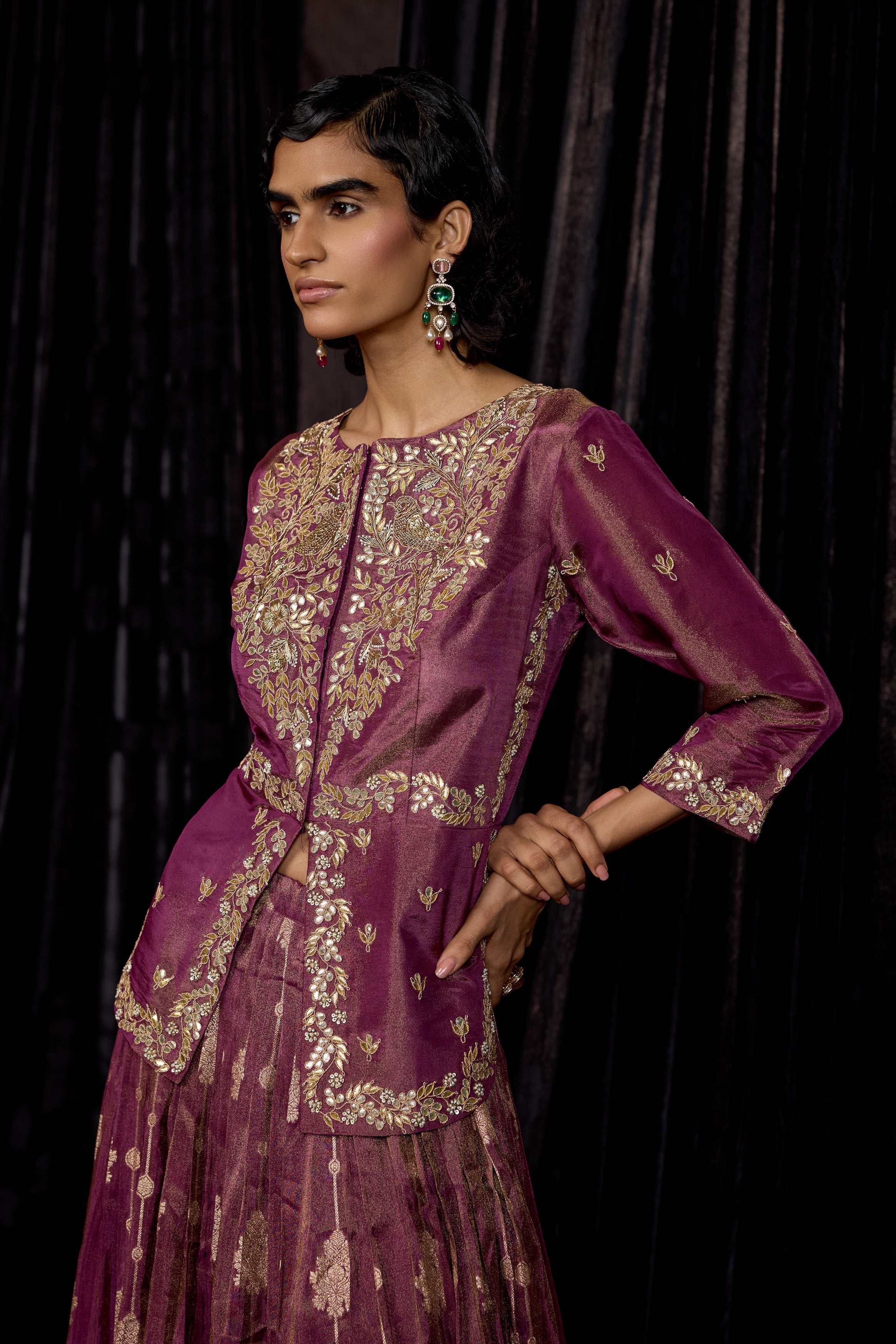 Plum Purple Embellished Shimmer Tissue Silk Skirt Set