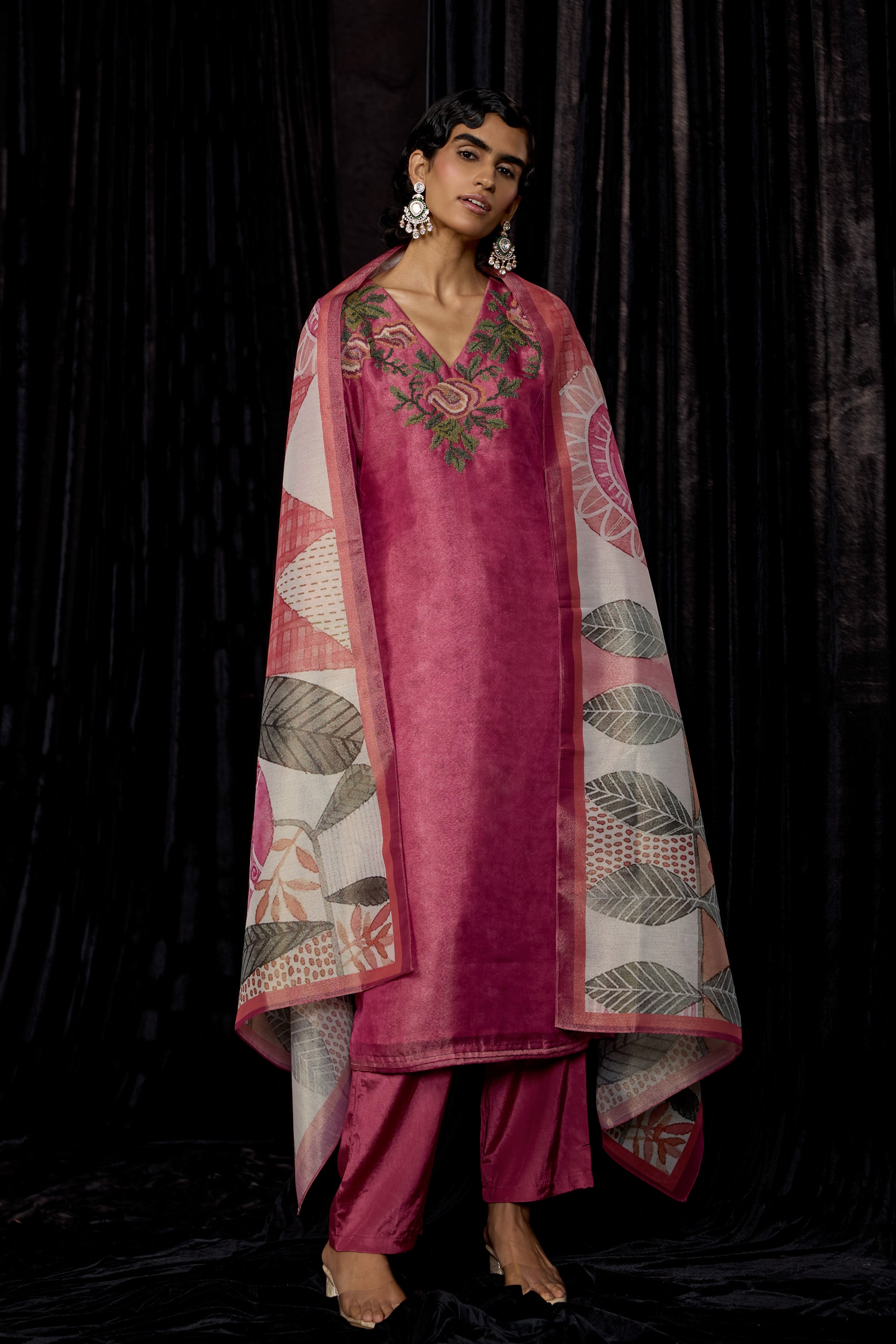 Pink Printed Shimmer Tissue Silk Pant Set