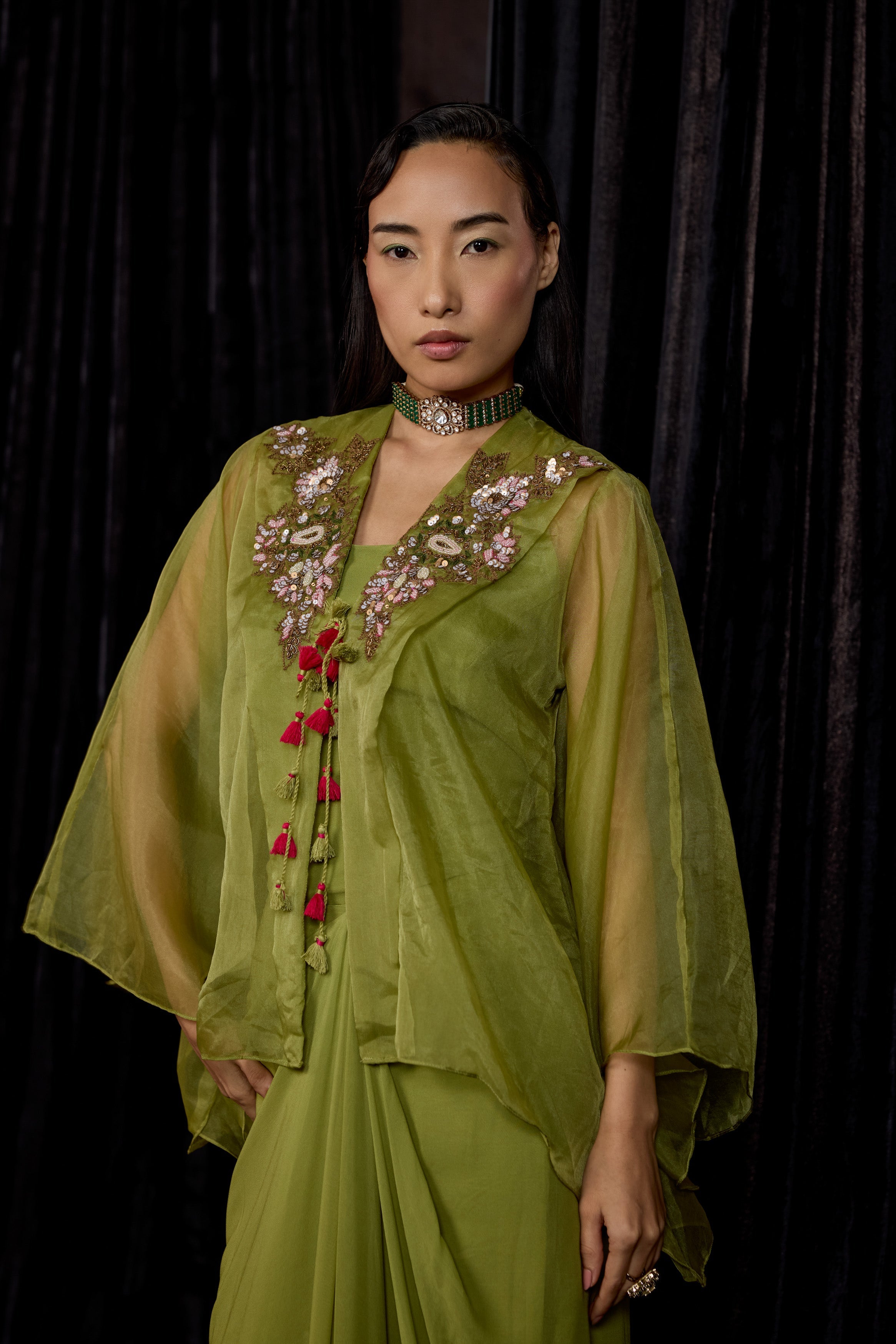 Pista Green Embellished Georgette Silk Skirt Set