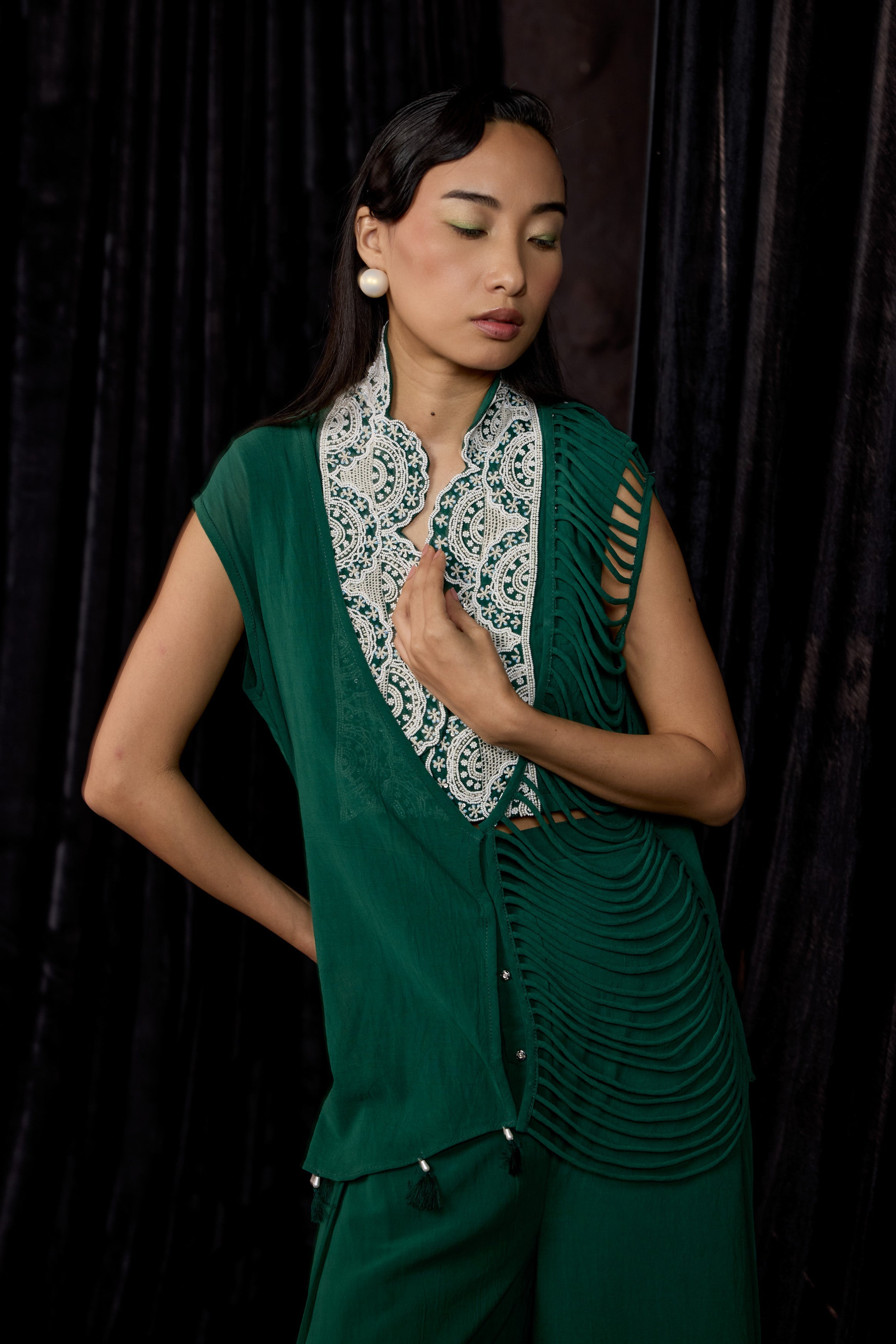 Rich Green Embellished Georgette Silk Co-Ord Set