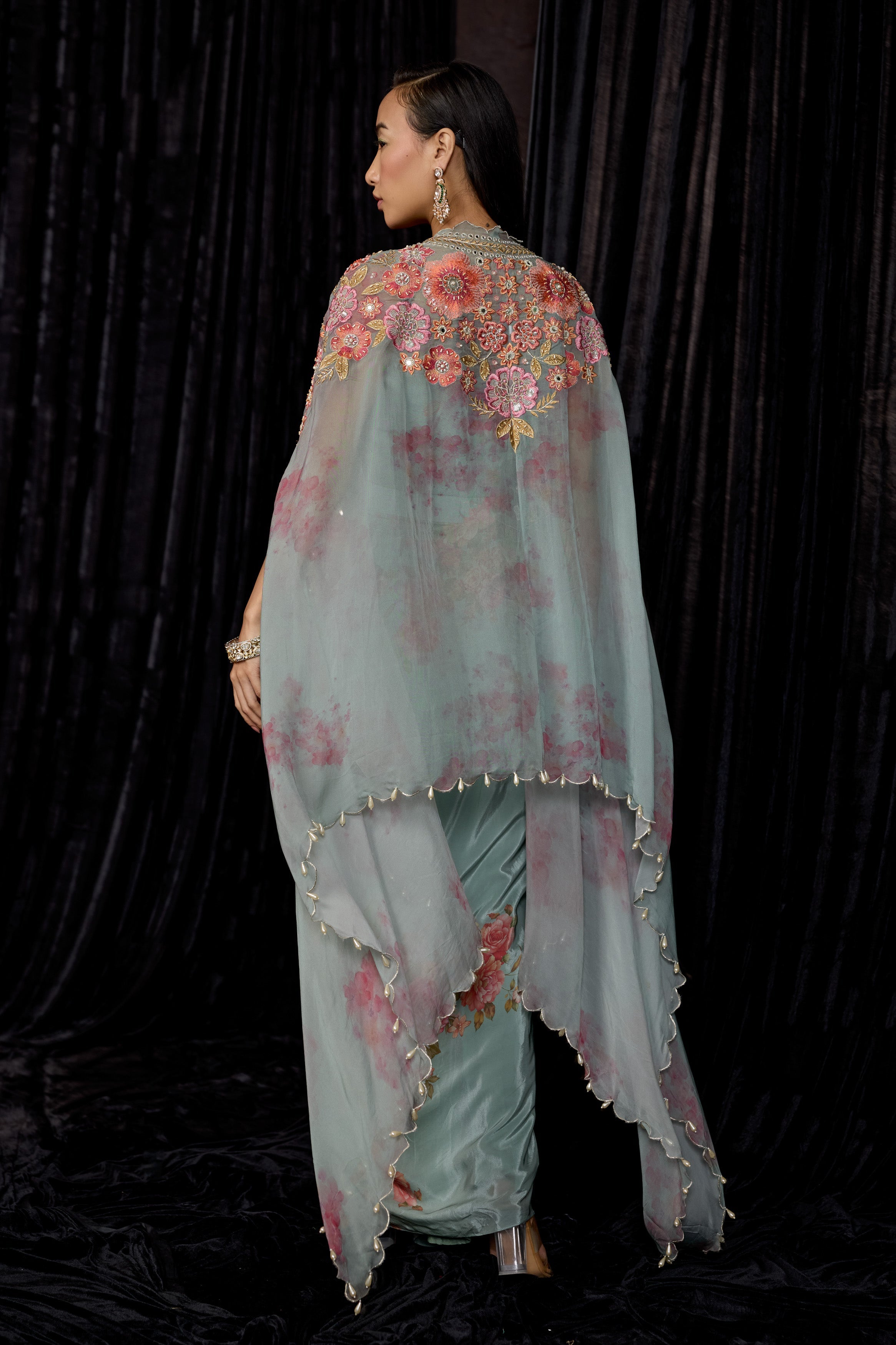 Dusty Blue Embellished Crepe Silk Drape Skirt Set