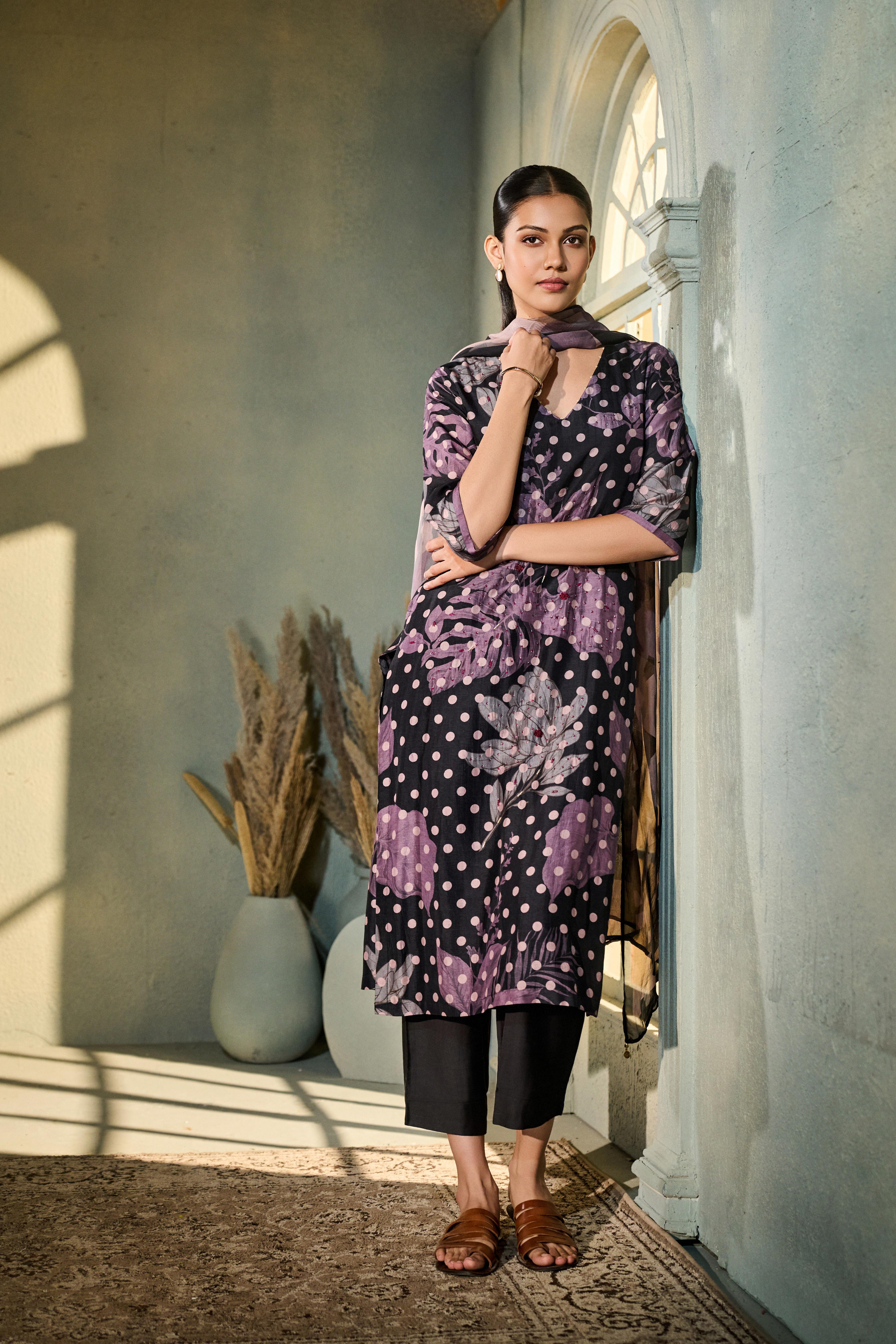 Charcoal Black Printed Muslin Silk Pant Set