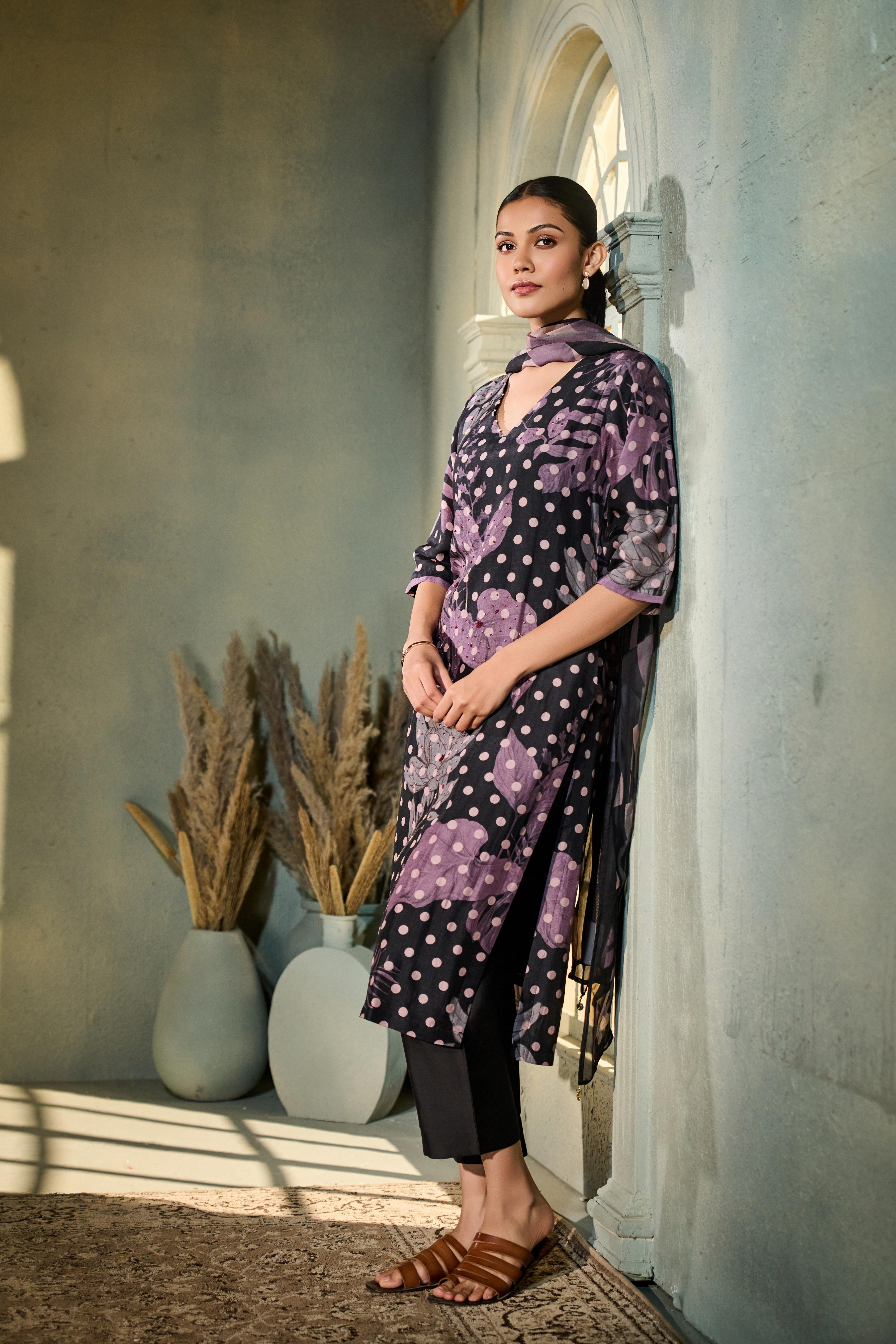 Charcoal Black Printed Muslin Silk Pant Set