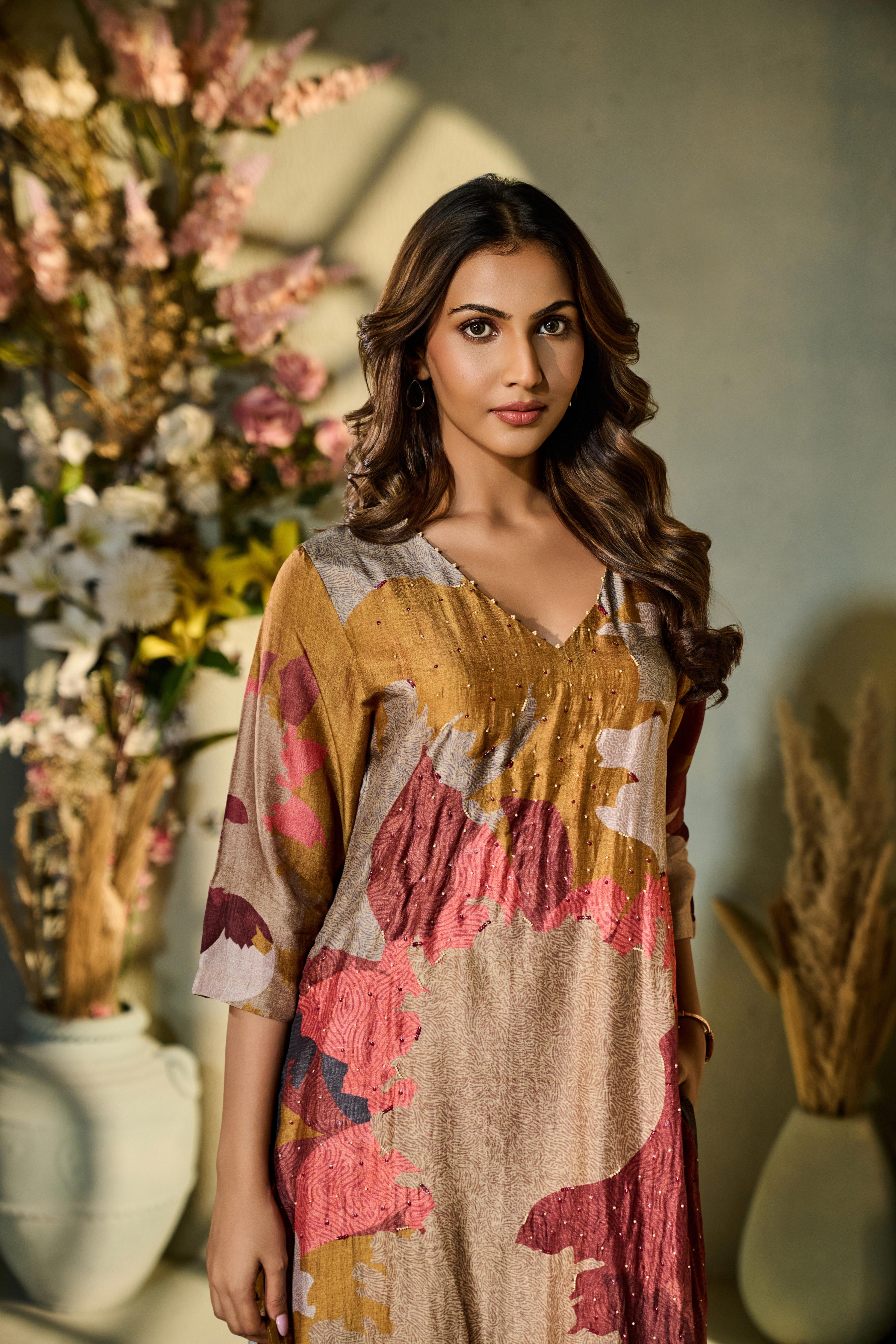 Gold Ochre Printed Muslin Silk Pant Set