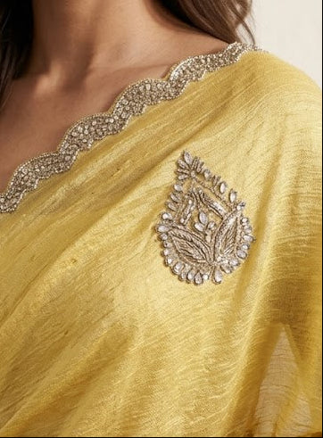 Pale Yellow Embellished Crushed Tissue Silk Saree