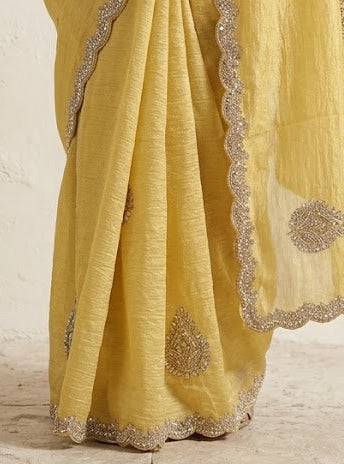Pale Yellow Embellished Crushed Tissue Silk Saree