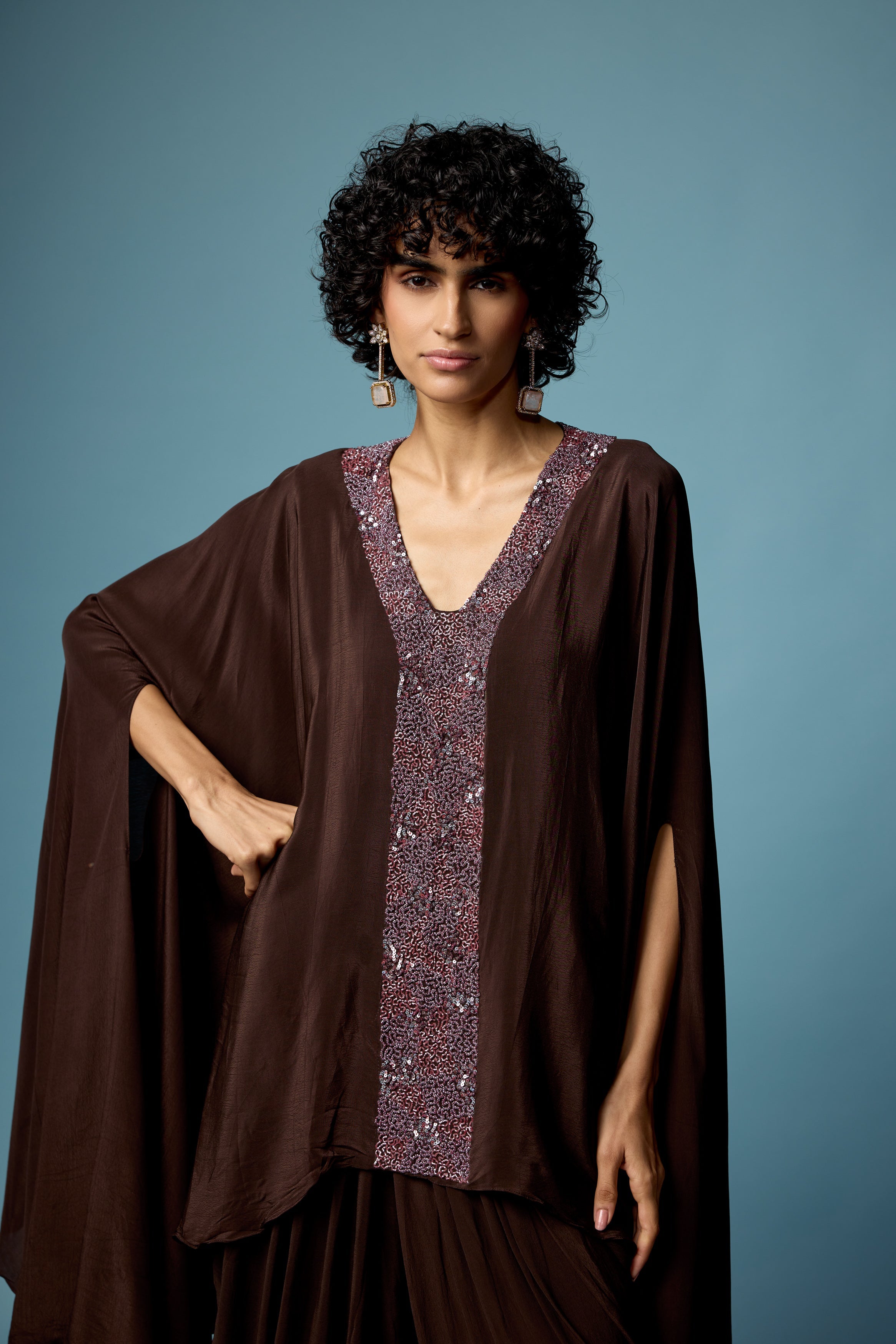 Coffee Brown Embellished Satin Silk Dhoti Set