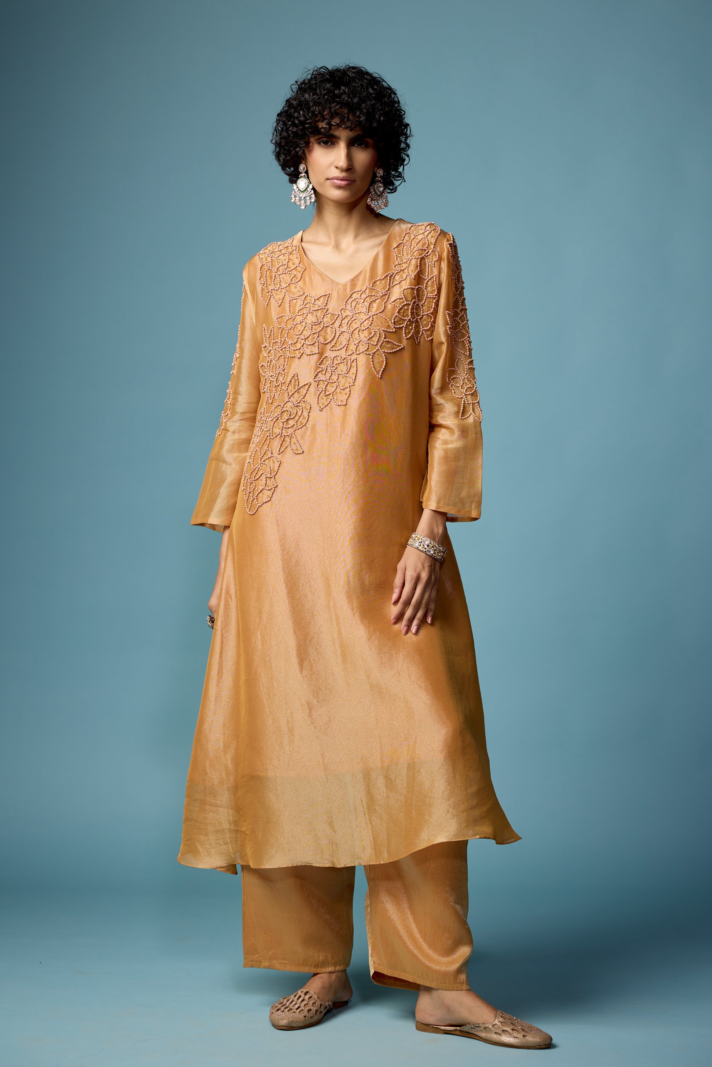 Rust Gold Embellished Shimmer Tissue Silk Kurta Set