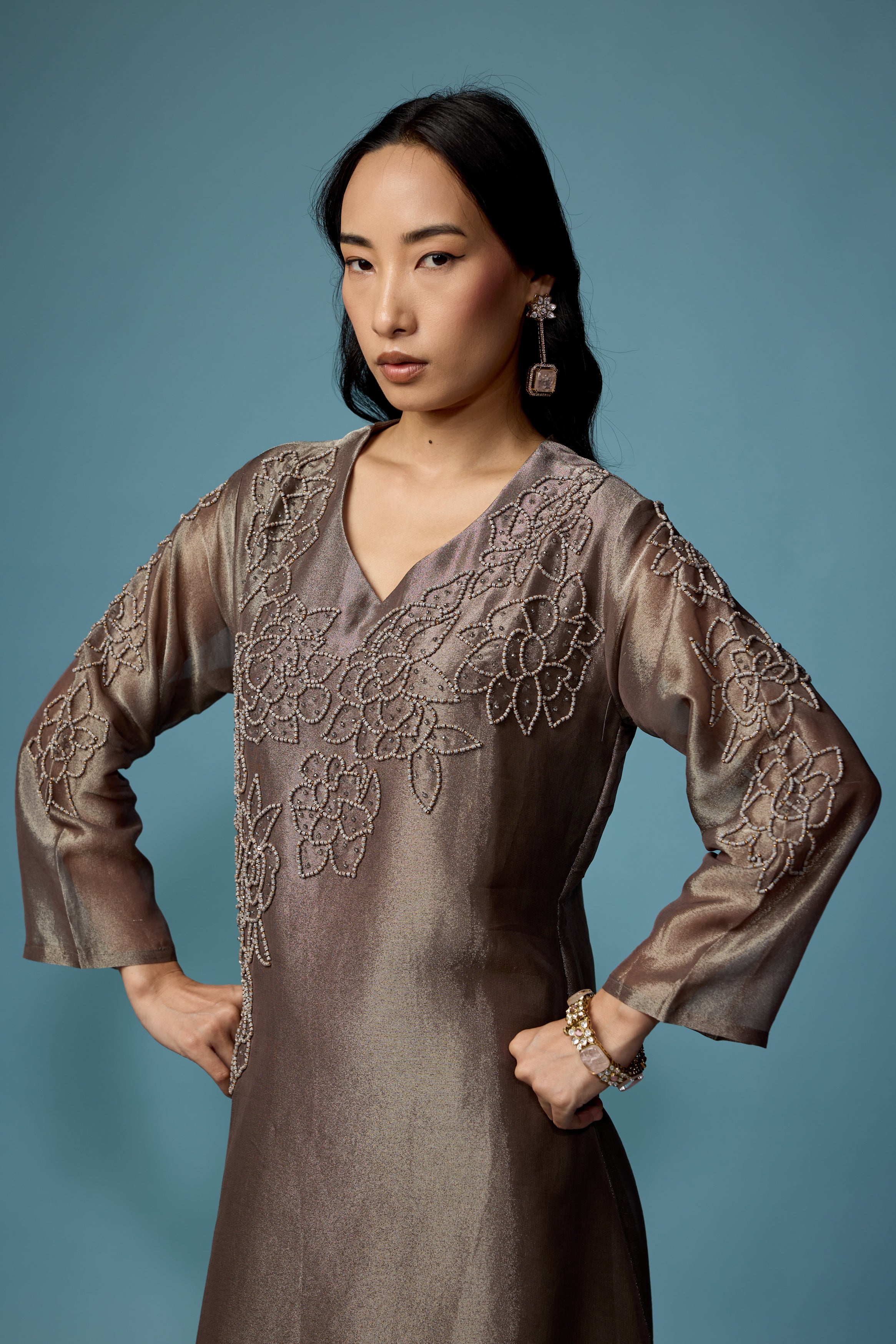Greyish Green Embellished Shimmer Tissue Silk Kurta Set