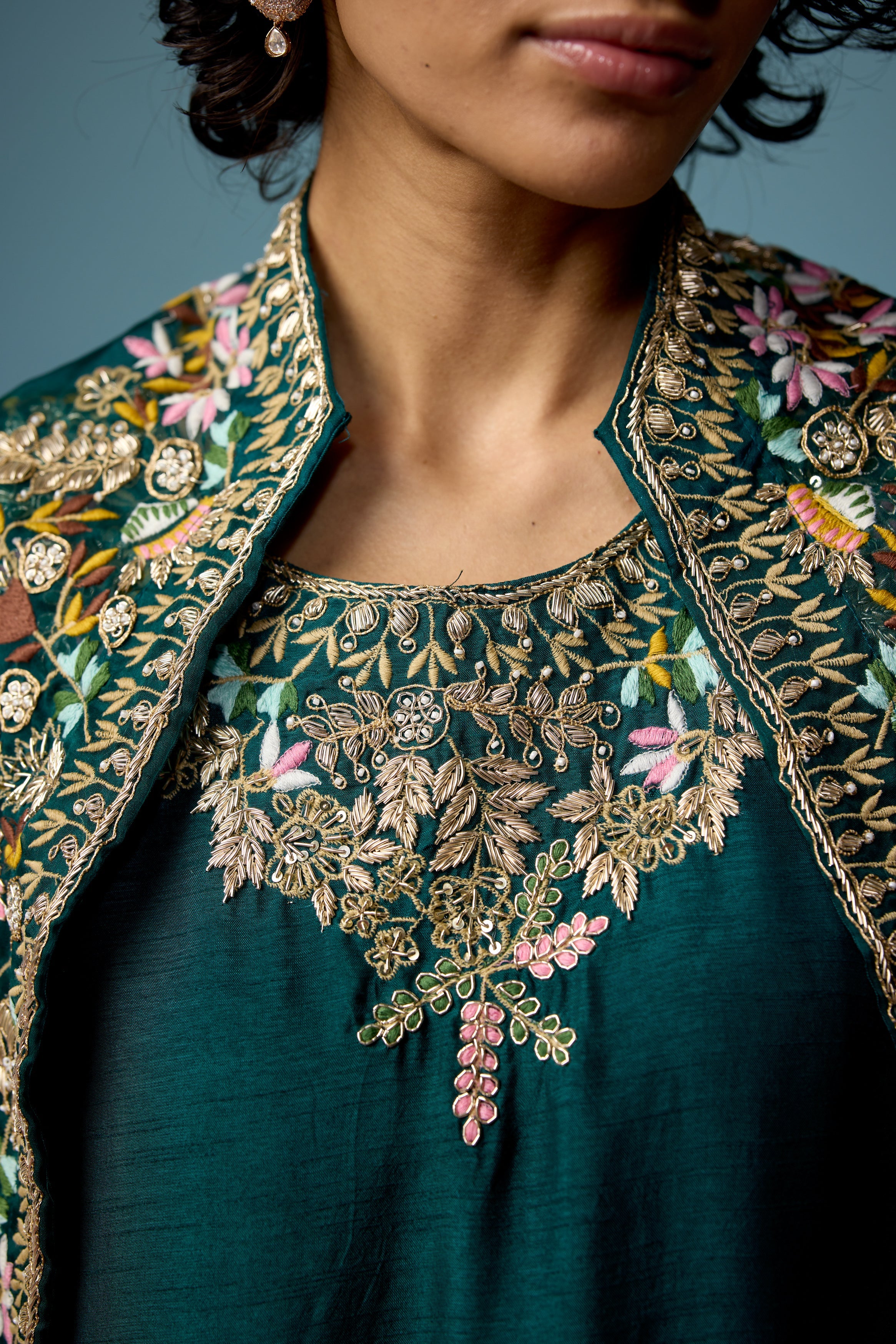 Bottle Green embellished Raw Silk Cape Set