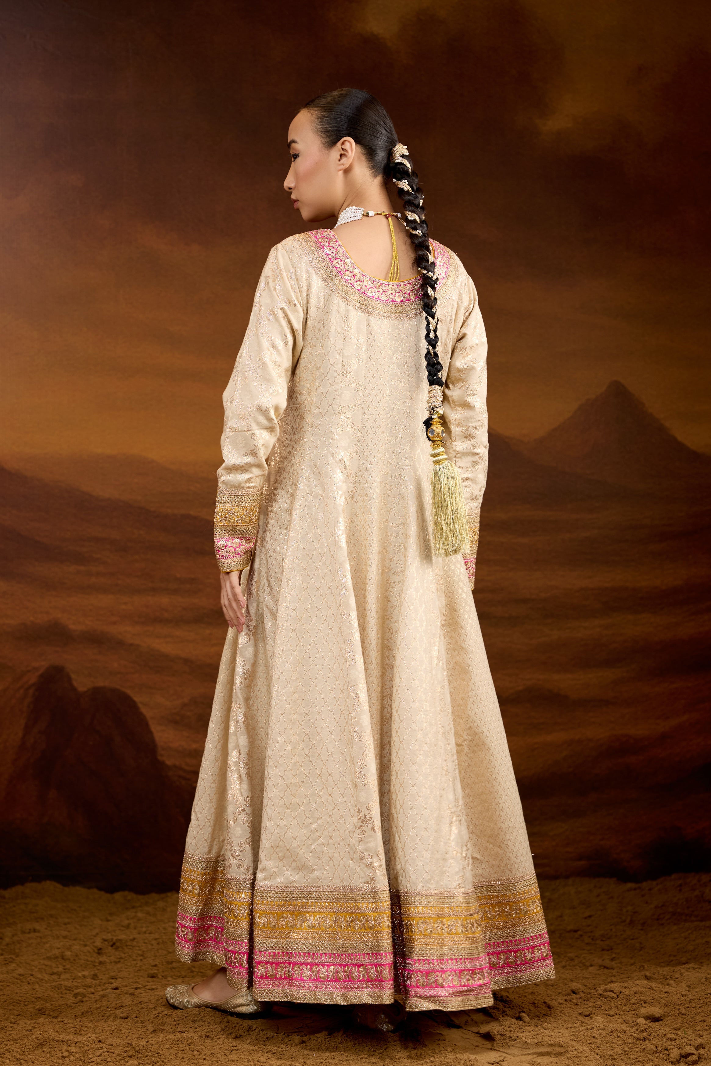 Creamy White Embellished Brocade Silk Anarkali Set