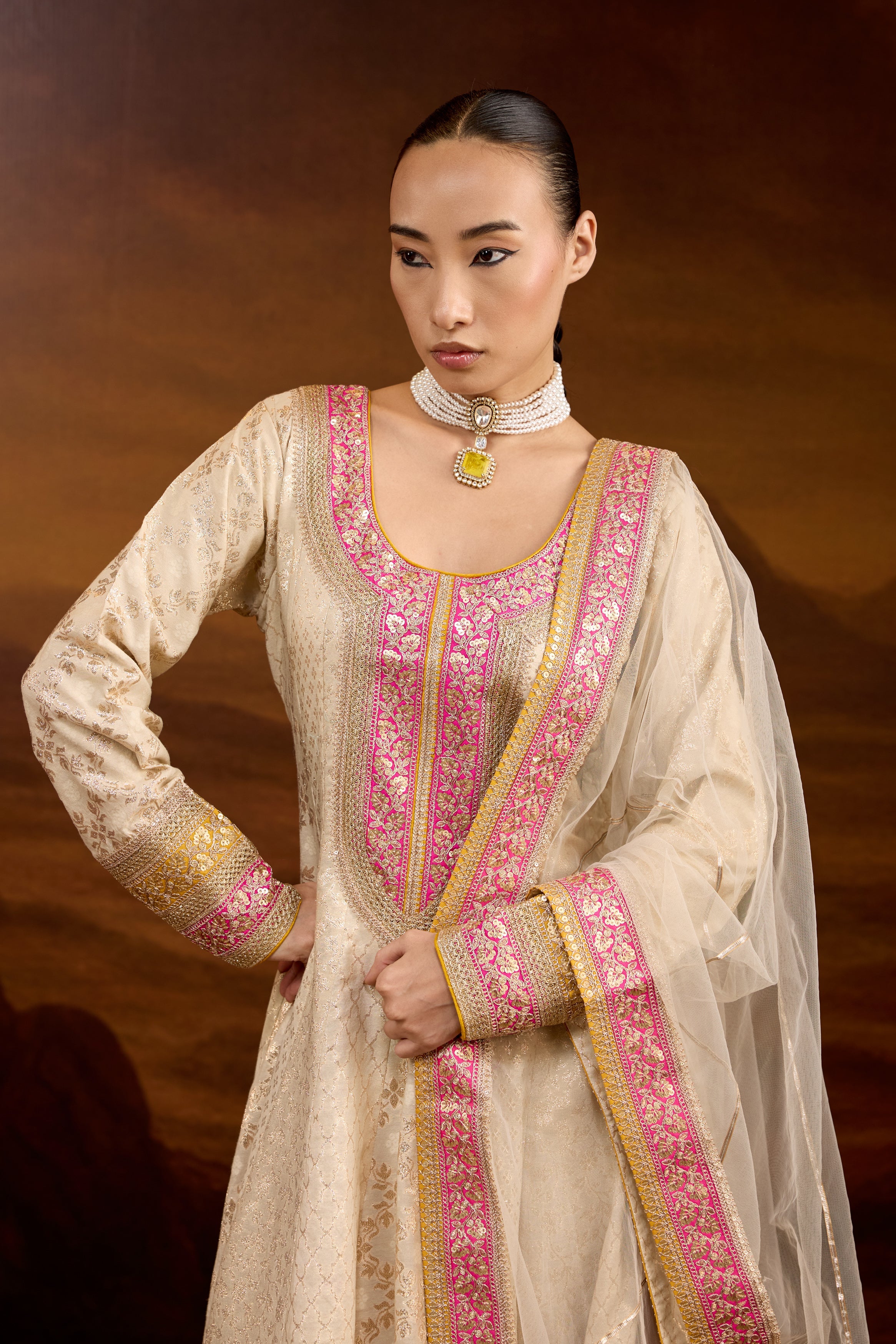 Creamy White Embellished Brocade Silk Anarkali Set