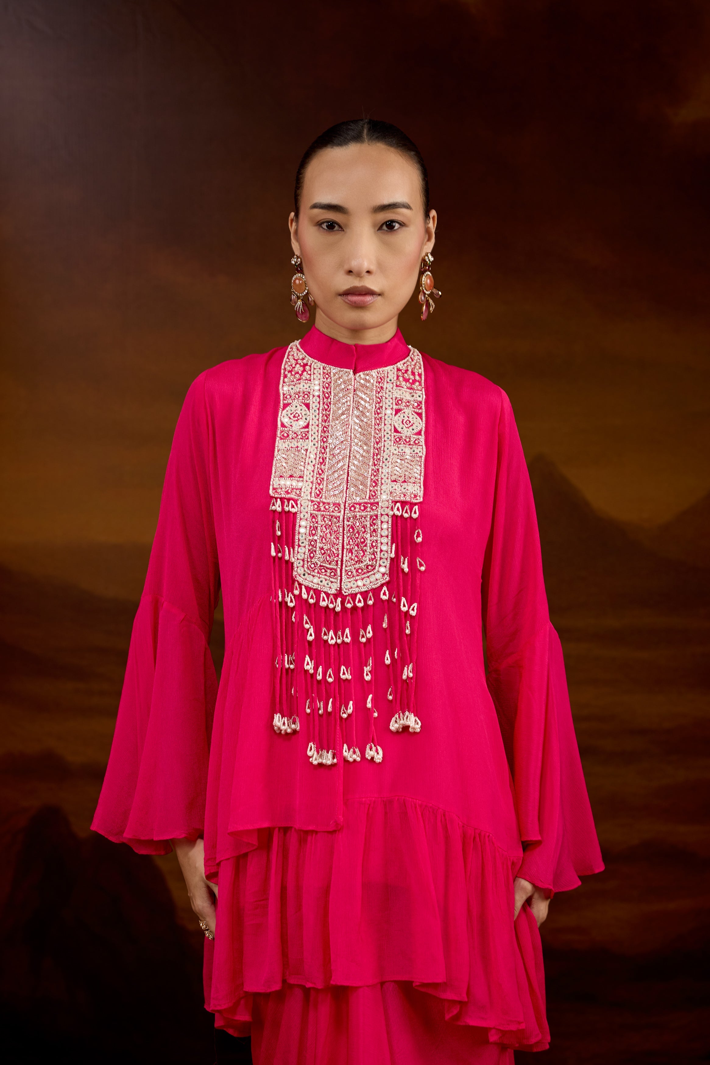 Hot Pink Embellished Chinon Silk Skirt Set