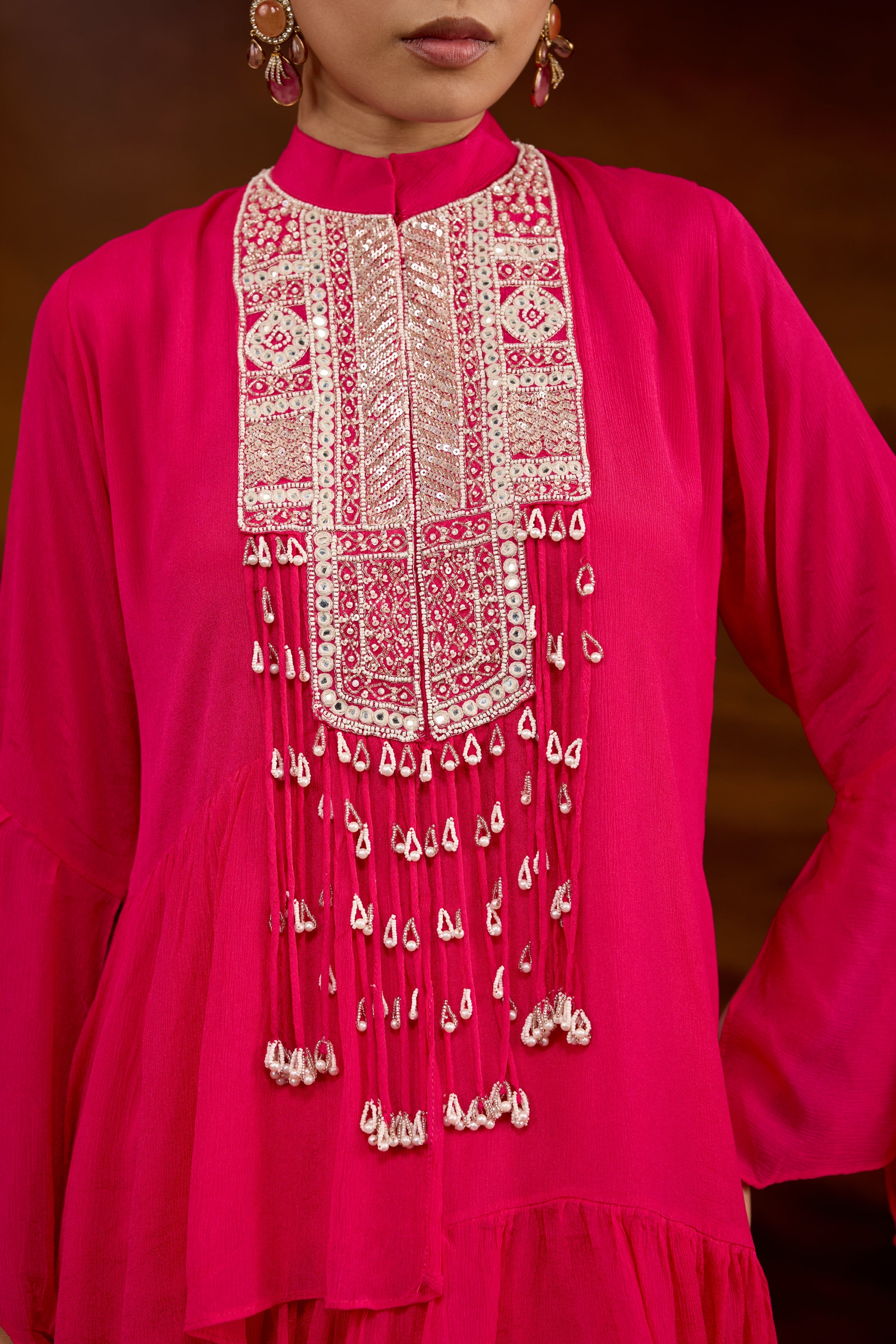 Hot Pink Embellished Chinon Silk Skirt Set