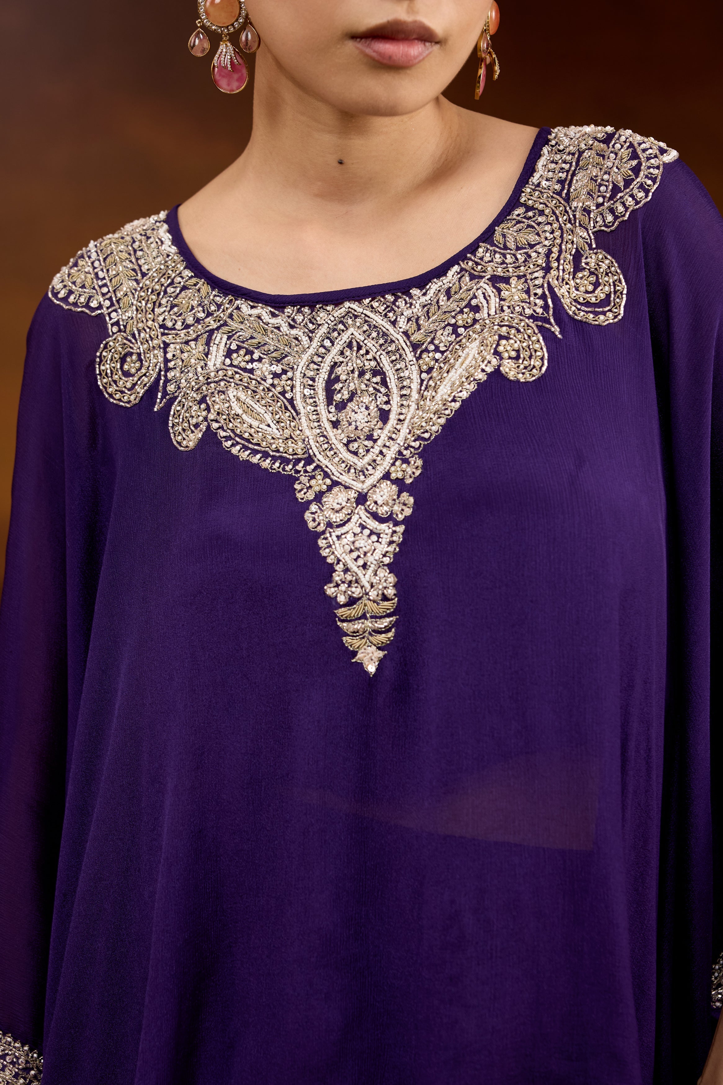 Deep Purple Embellished Chinon Silk Kaftan Set