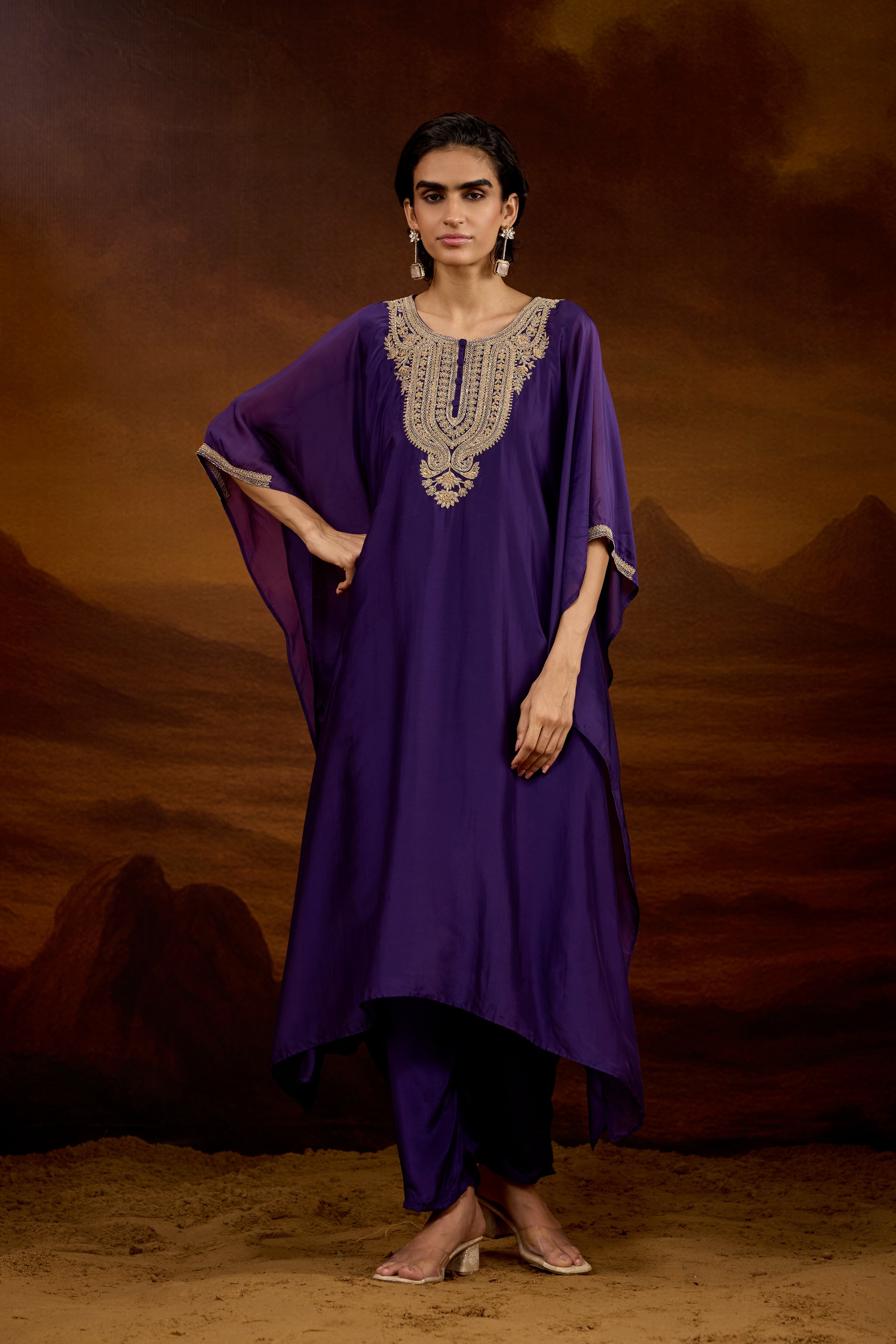 Royal Purple Embellished Satin Silk Kaftan Set