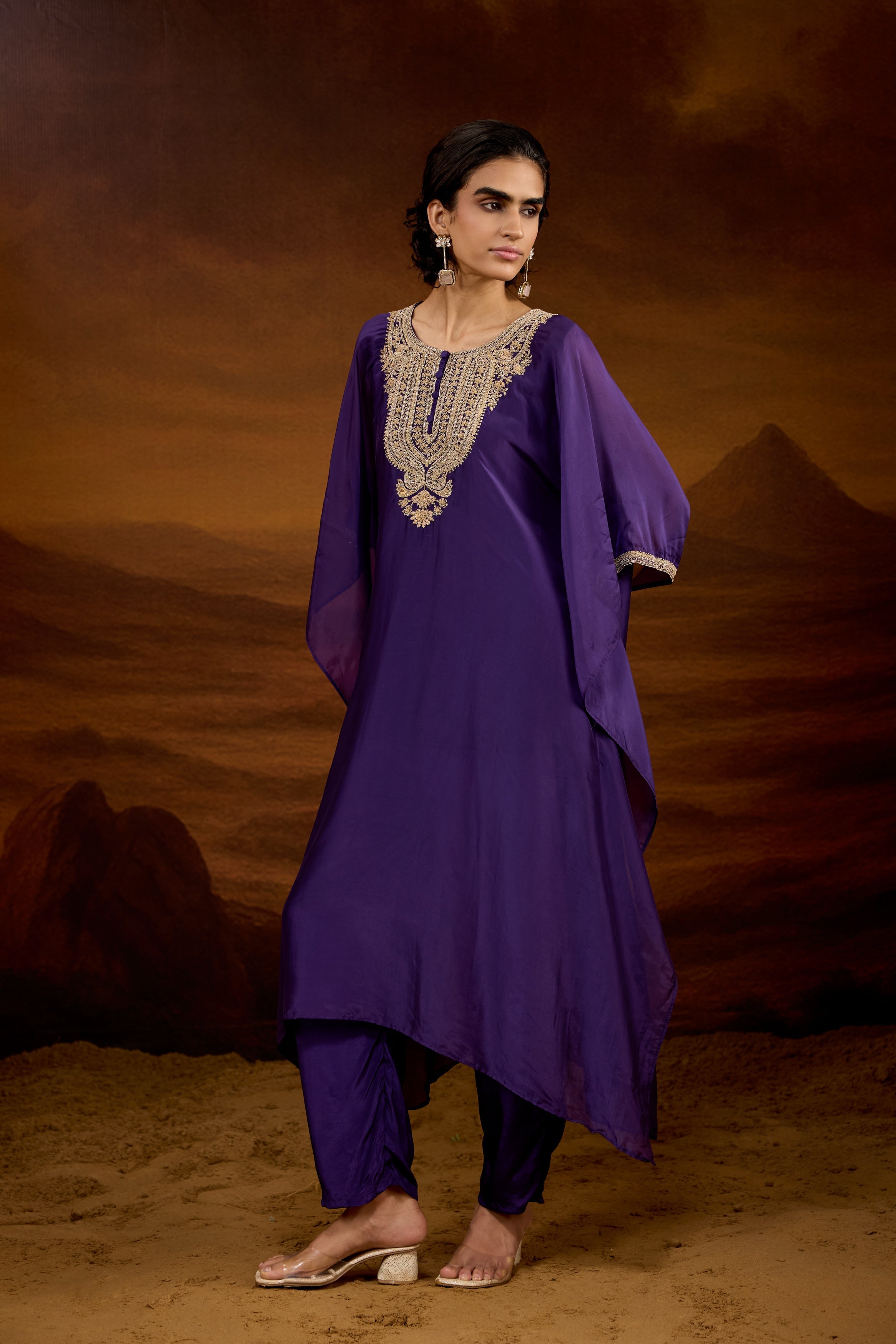Royal Purple Embellished Satin Silk Kaftan Set