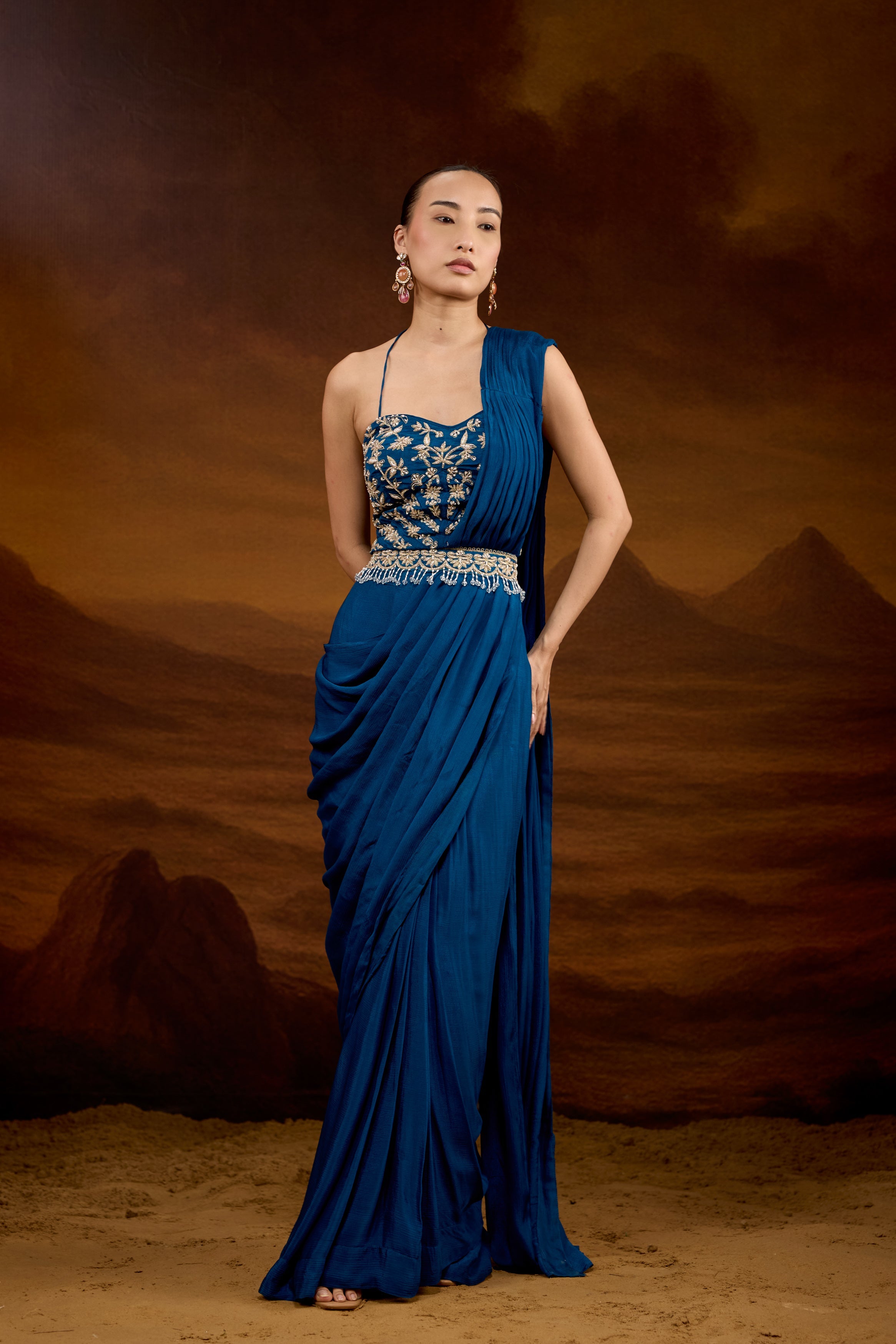 Teal Blue Embellished Chinon Silk Draped Saree