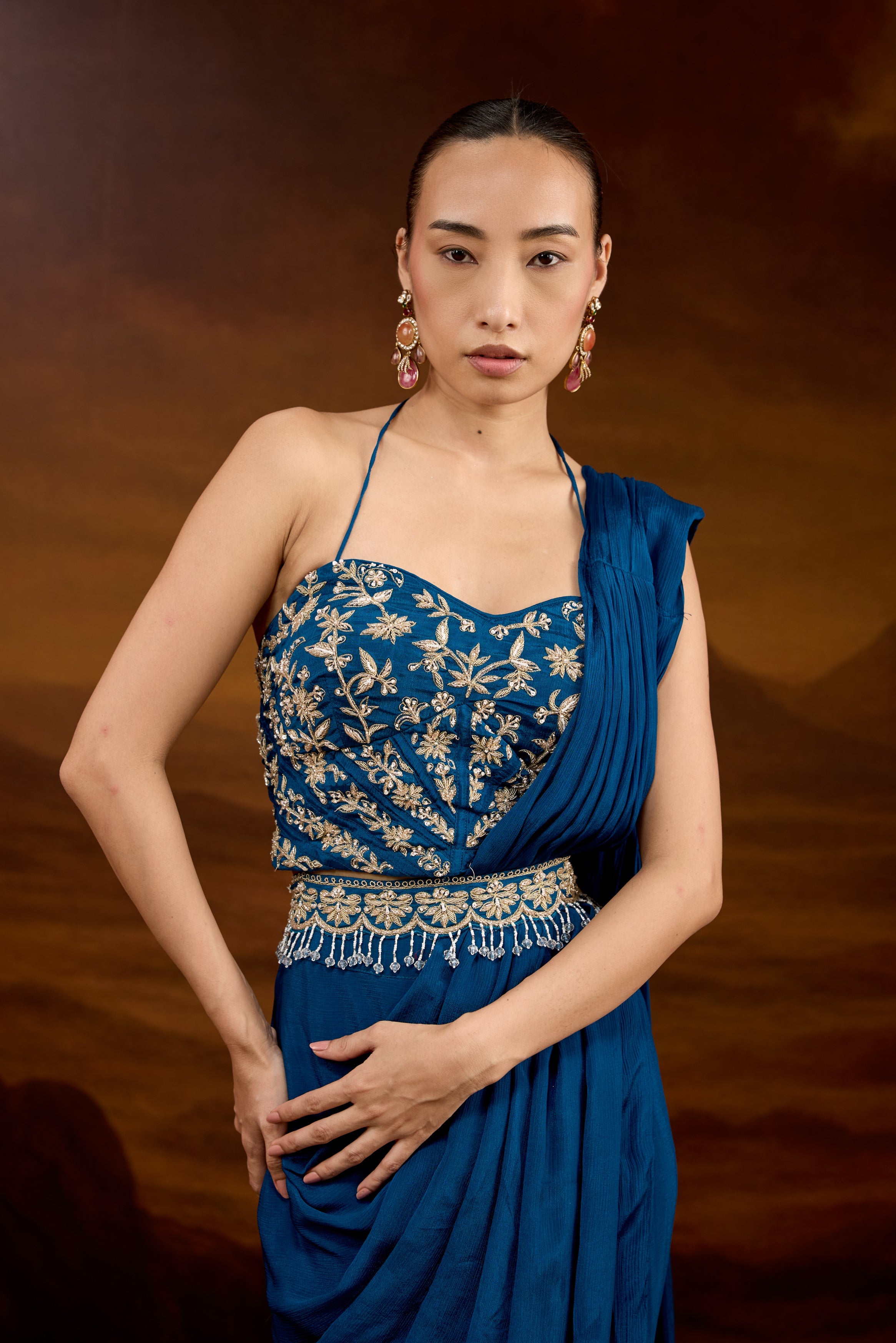 Teal Blue Embellished Chinon Silk Draped Saree