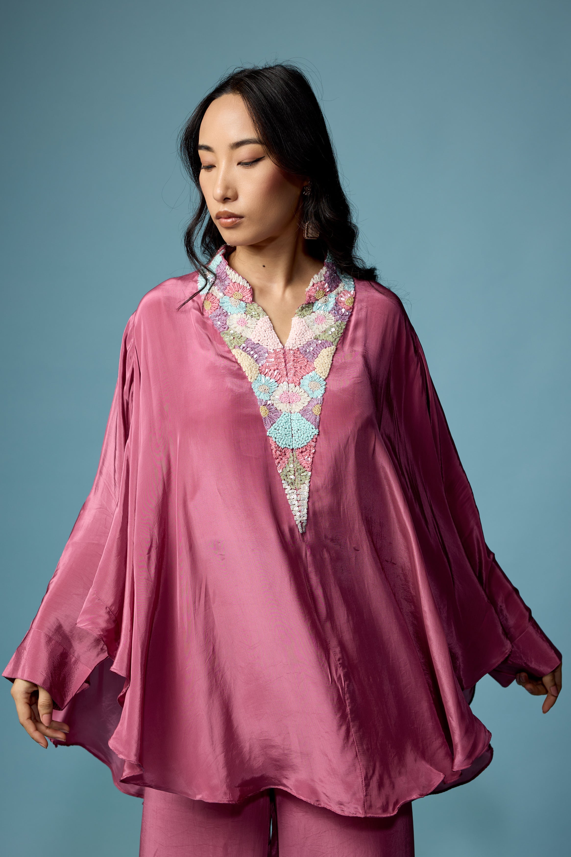 Dusty Pink Embellished Satin Silk Co-Ord Set