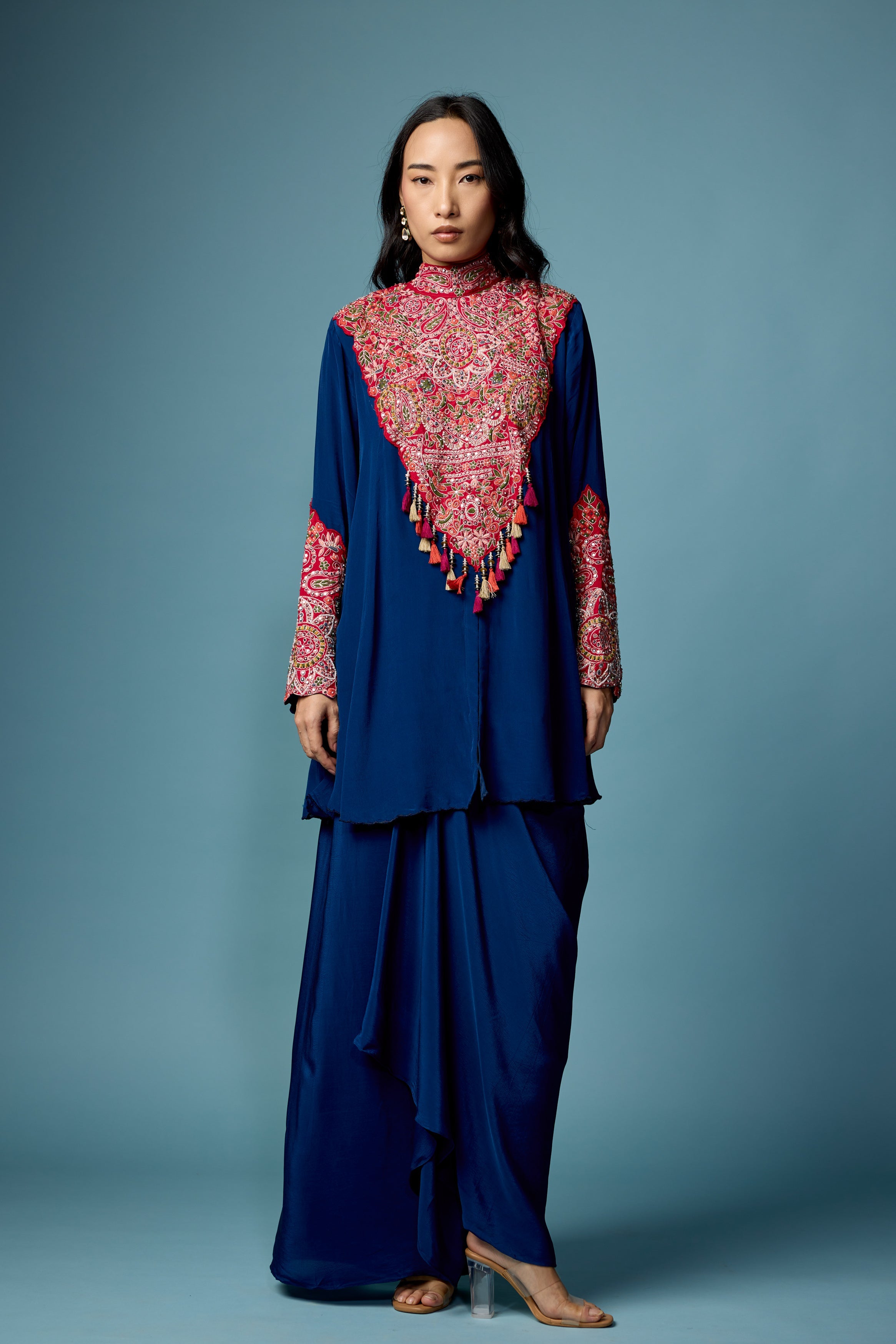 Deep Blue Embellished Chinon Silk Skirt Set