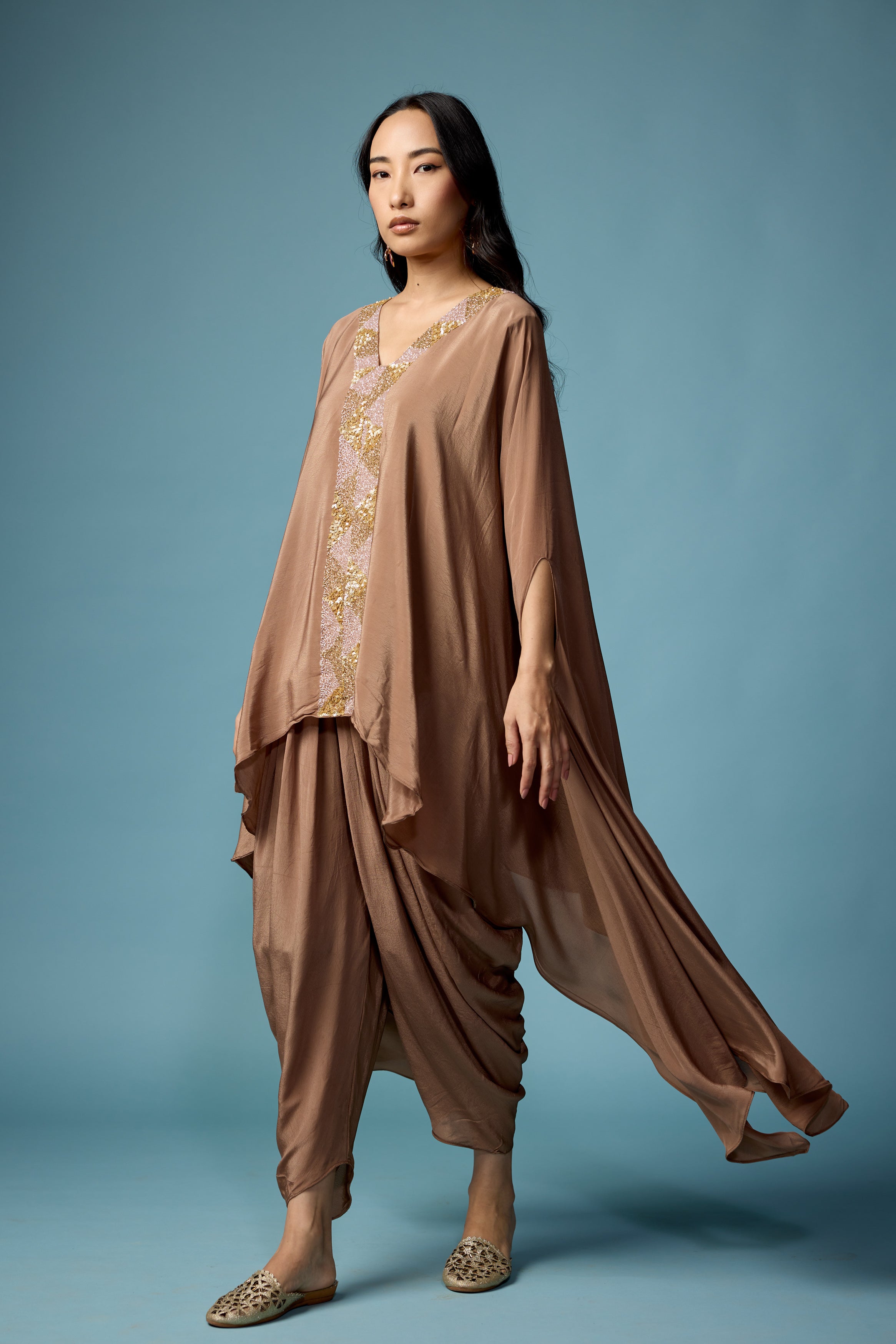 Earthy Brown Embellished Satin Silk Dhoti Set