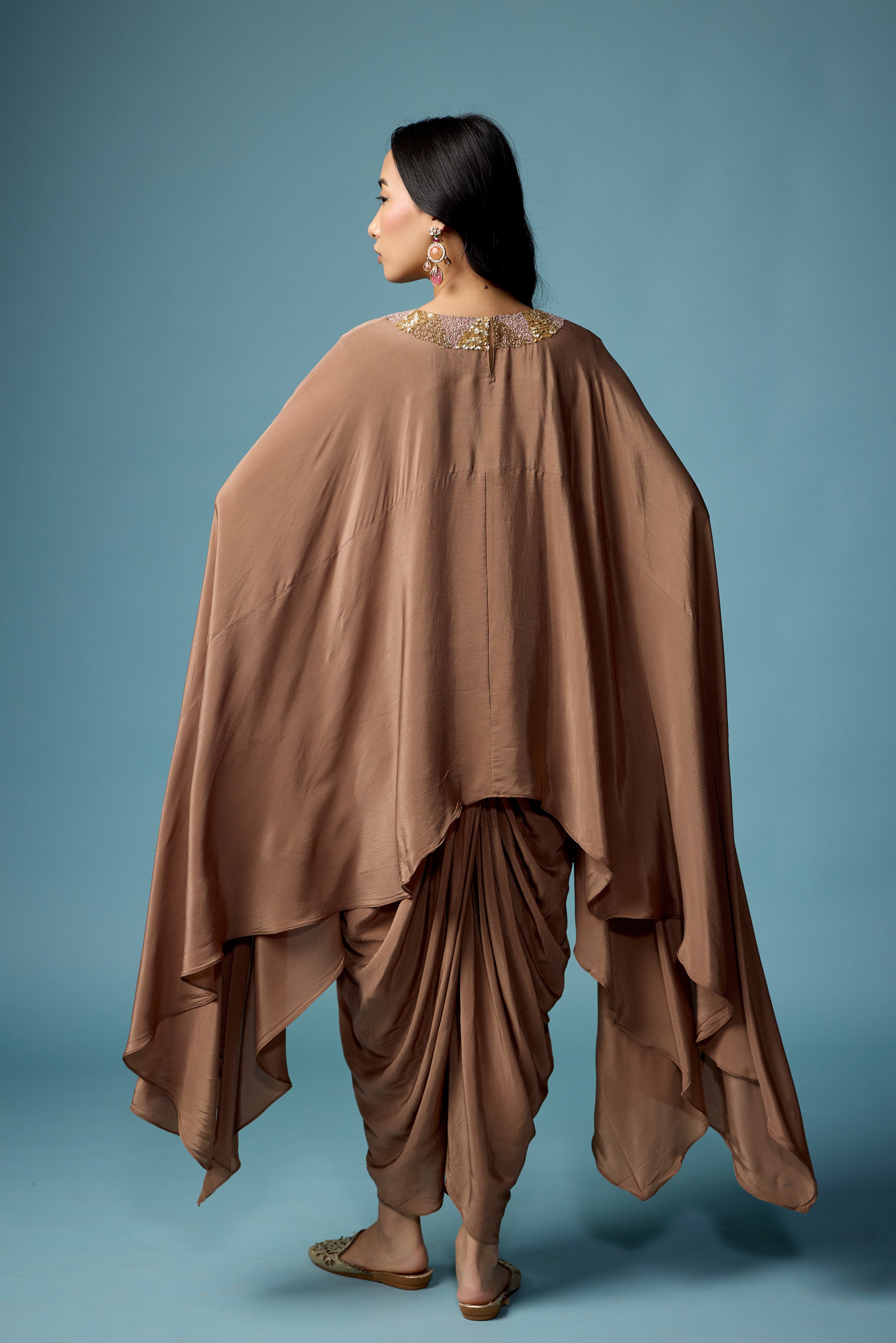 Earthy Brown Embellished Satin Silk Dhoti Set