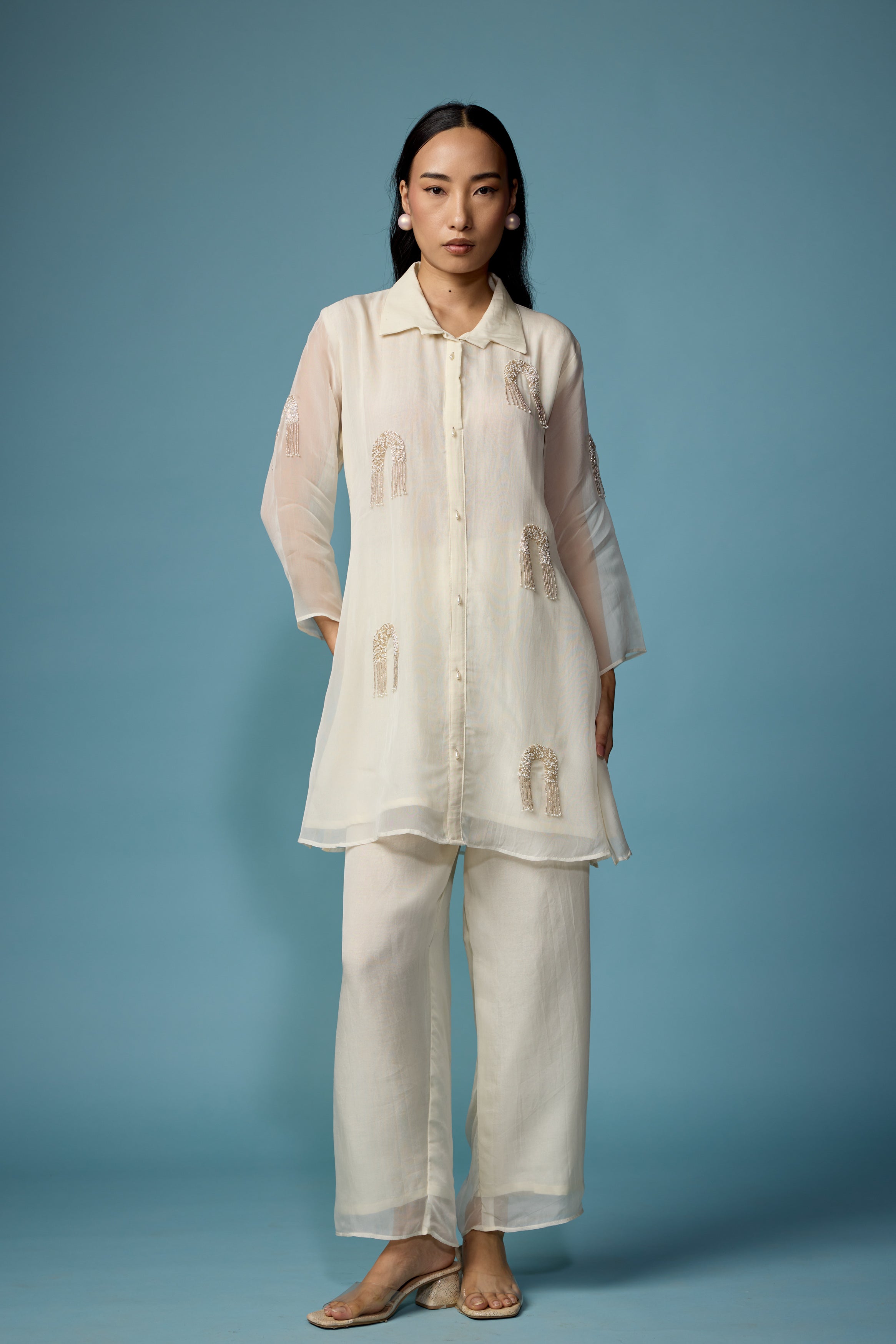 Pearl White Embellished Soft Organza Silk Co-Ord Set