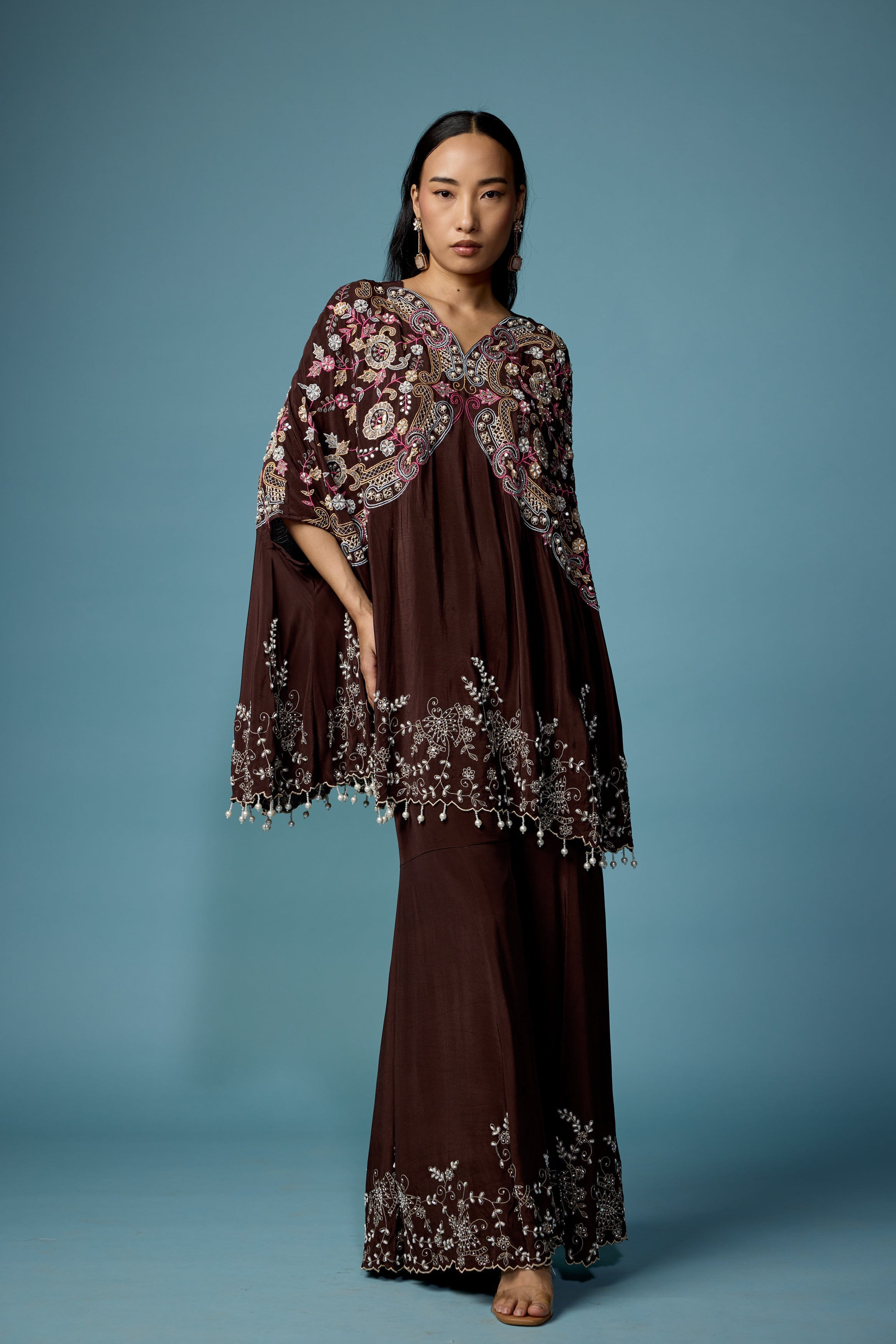 Dark Brown Embellished Silk Kaftan Set