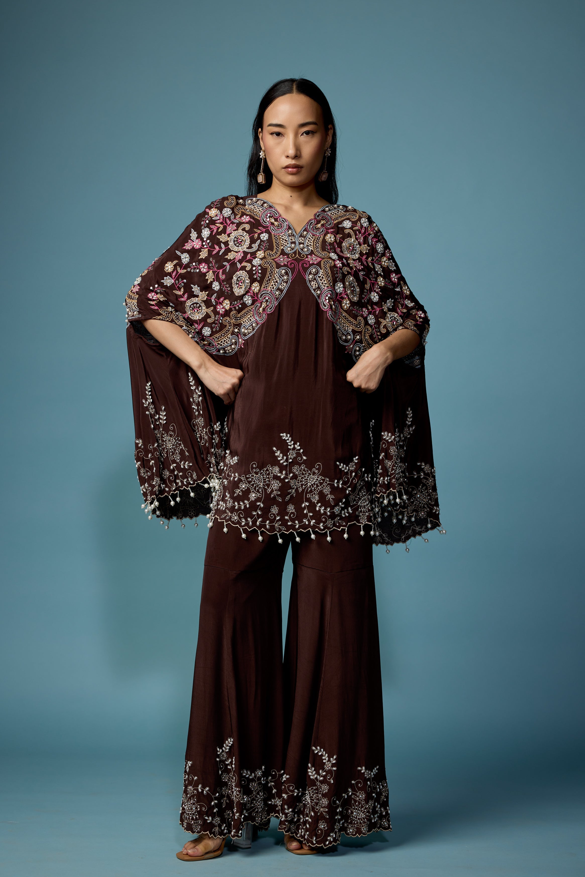 Dark Brown Embellished Silk Kaftan Set