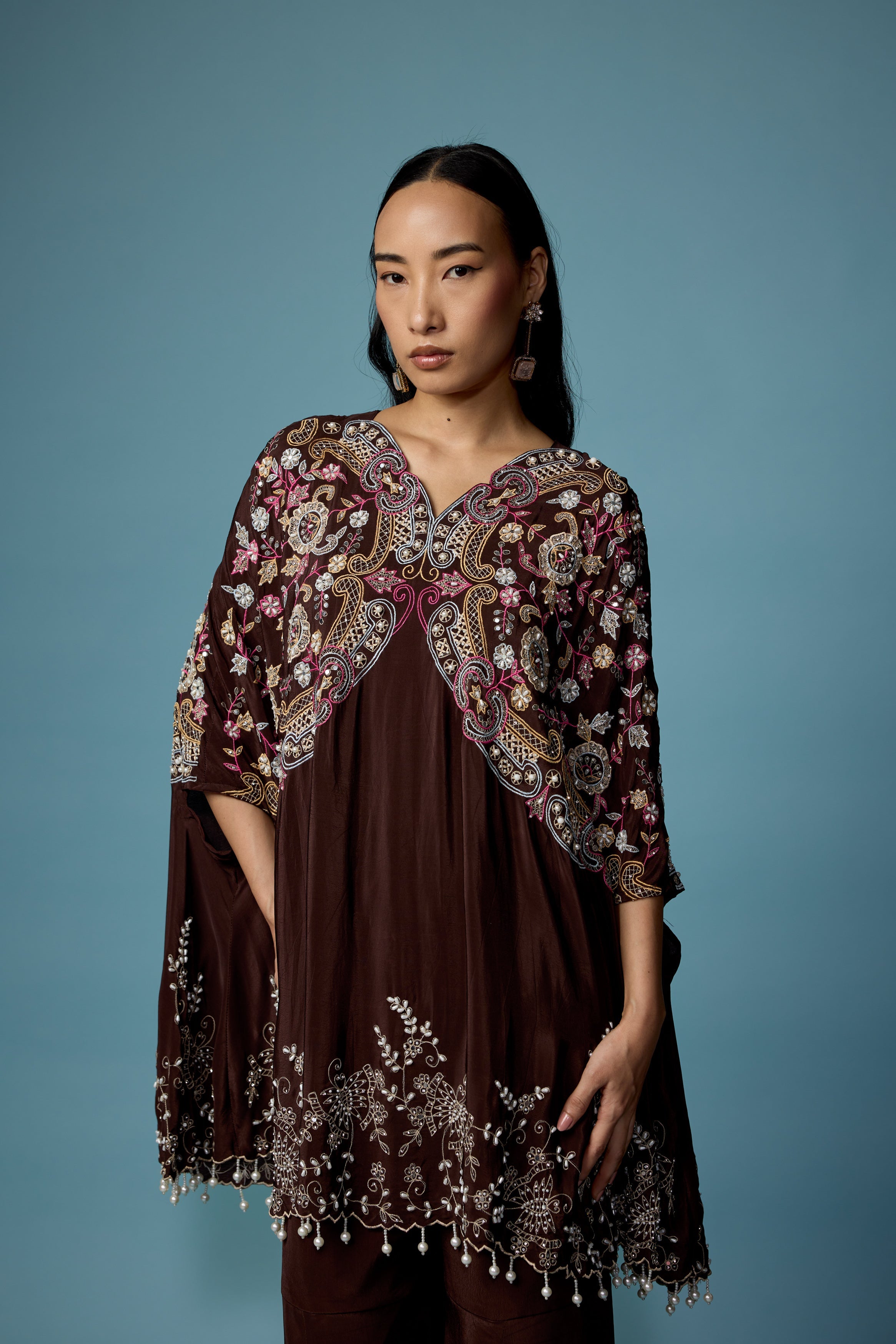 Dark Brown Embellished Silk Kaftan Set