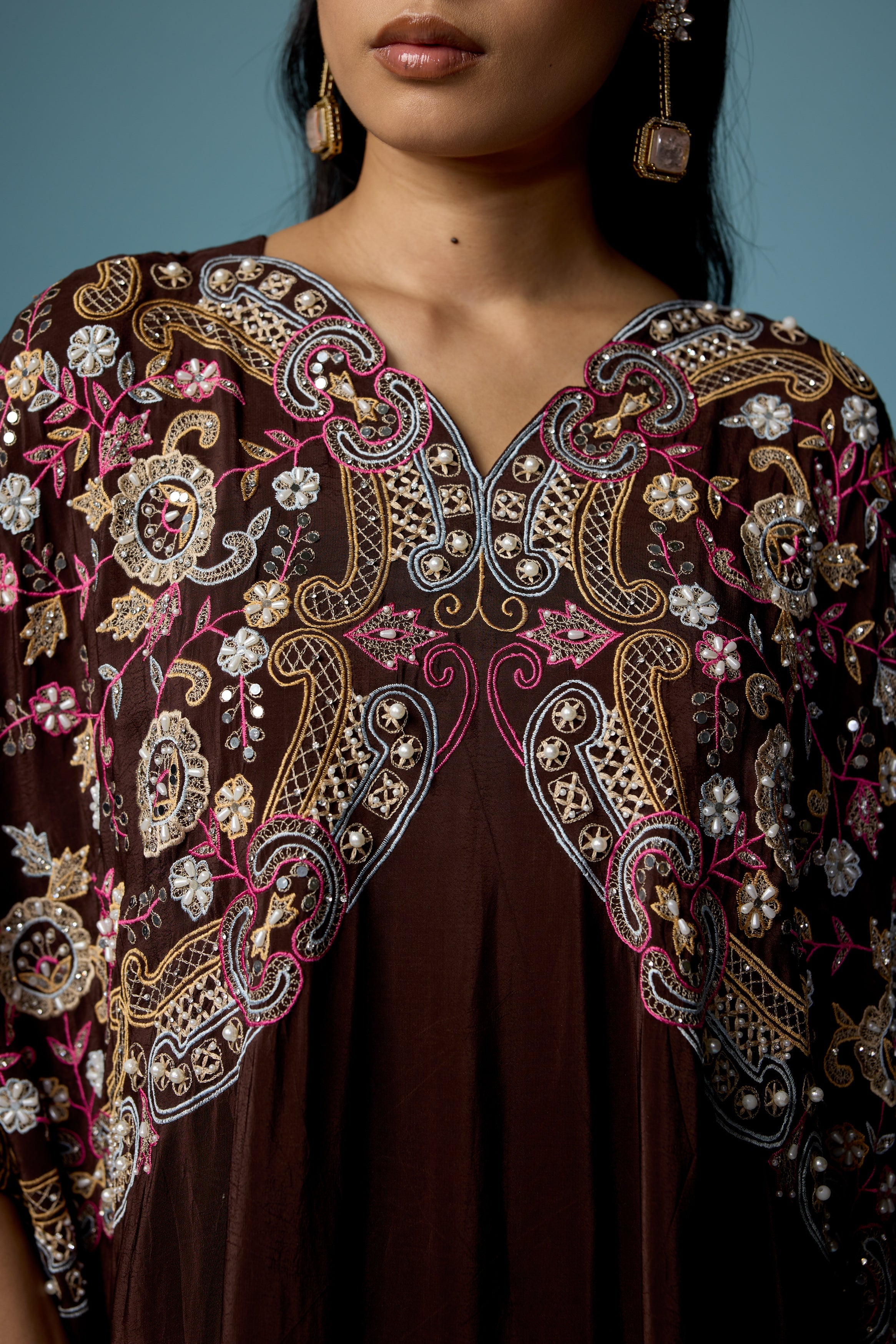 Dark Brown Embellished Silk Kaftan Set