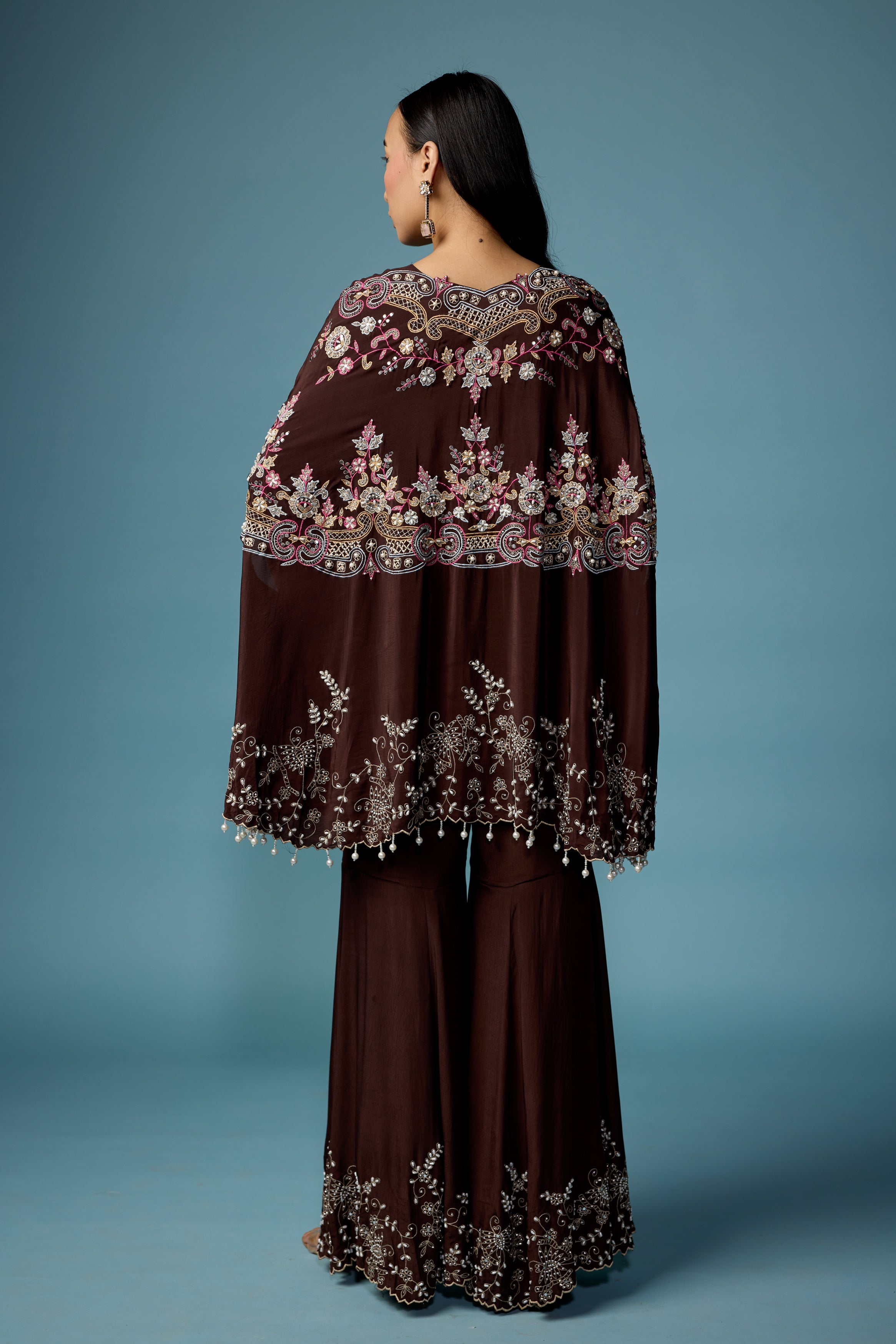 Dark Brown Embellished Silk Kaftan Set