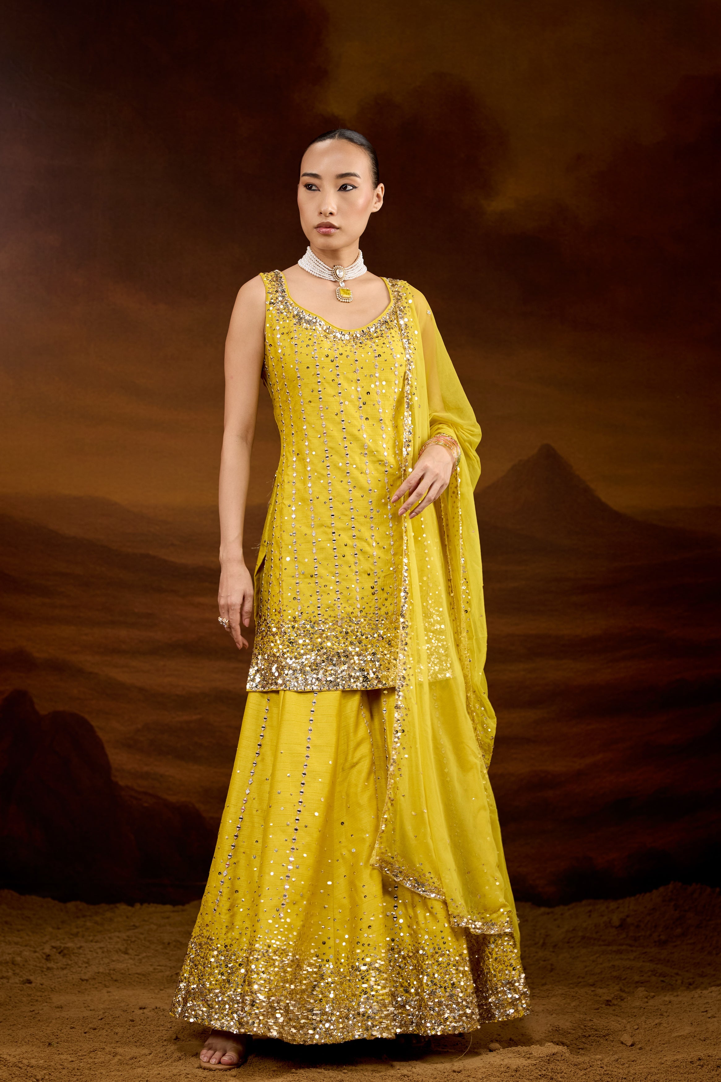 Vibrant Yellow Embellished Raw Silk Sharara Set
