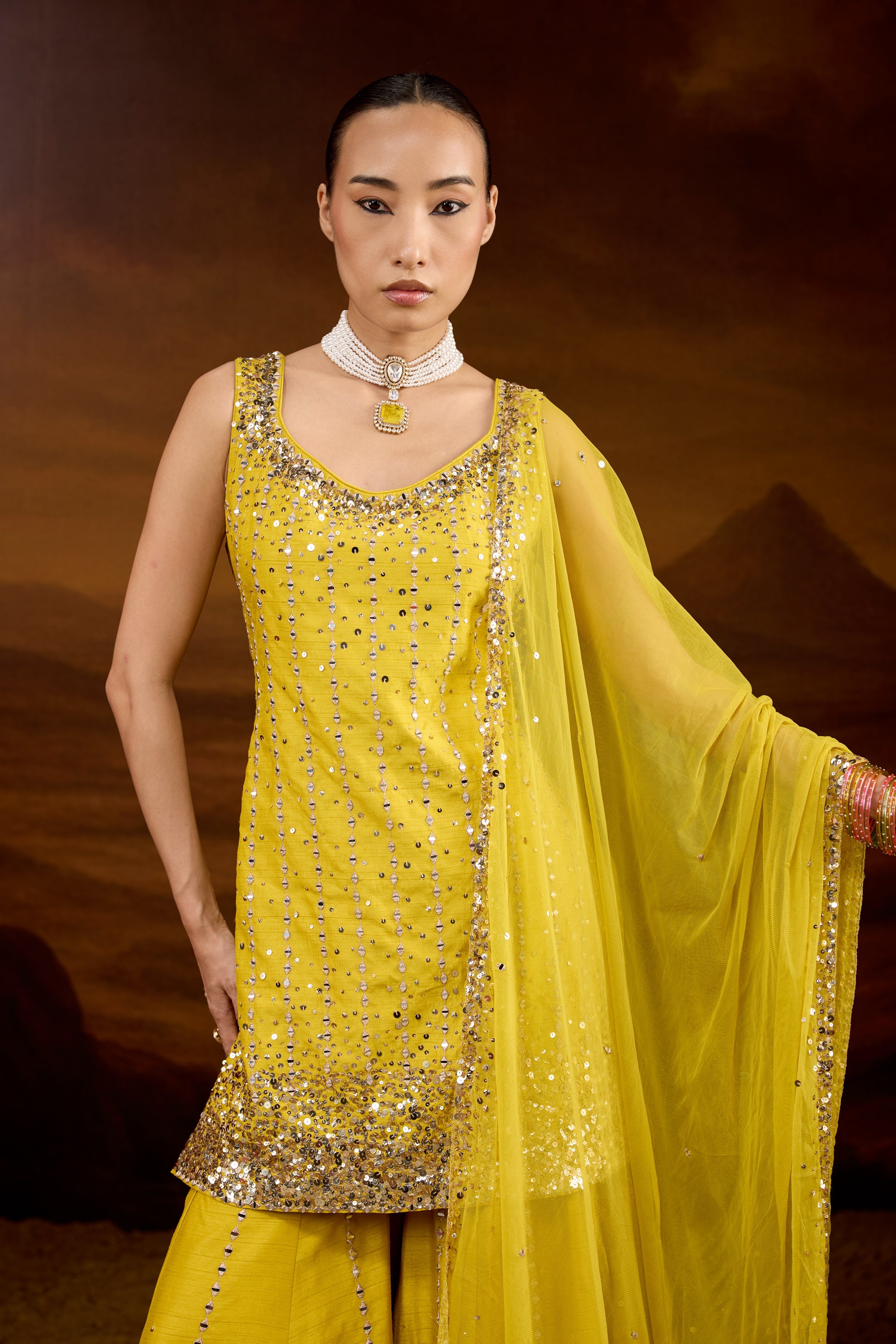 Vibrant Yellow Embellished Raw Silk Sharara Set
