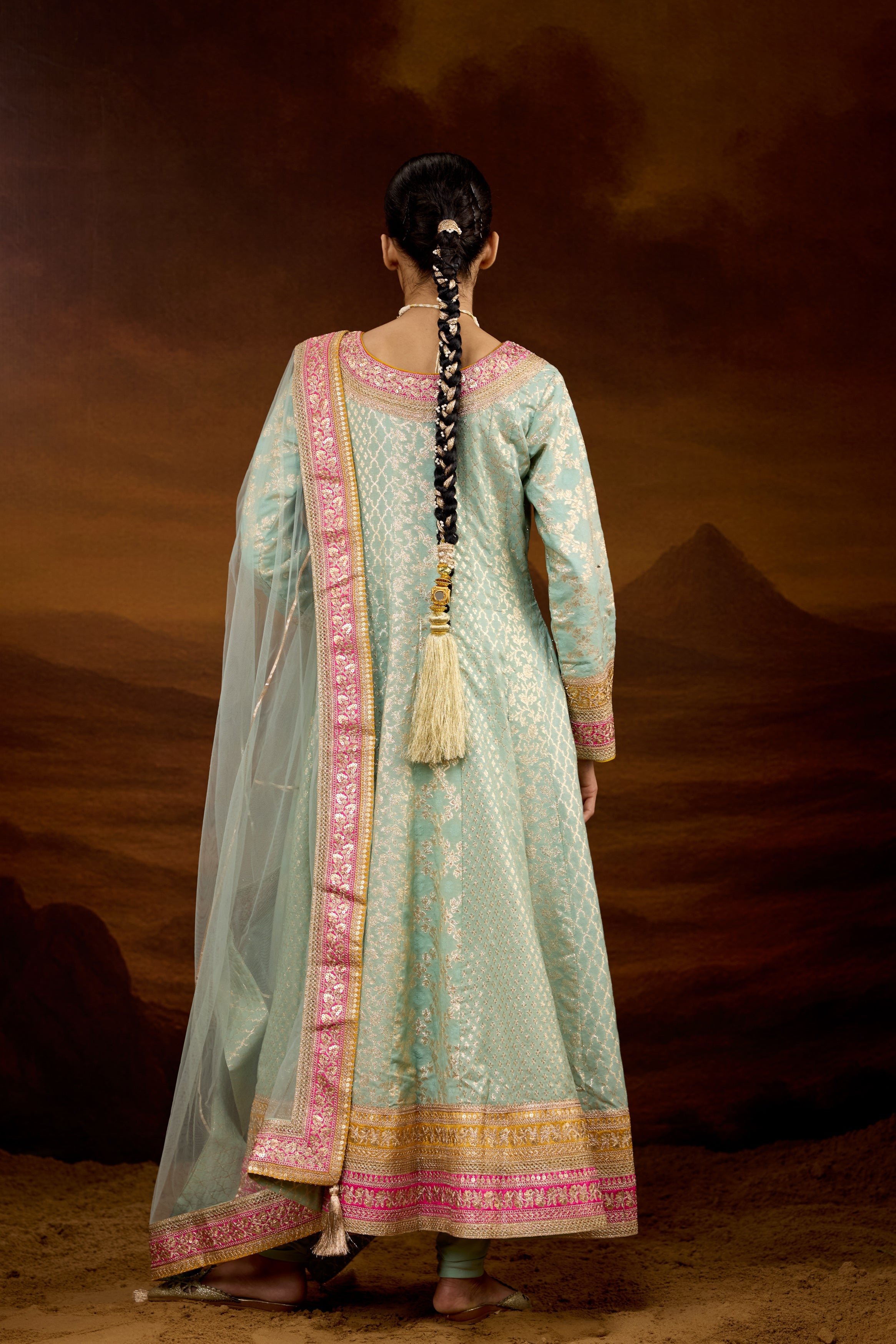 Mint Green Embellished Brocade Silk Anarkali Set