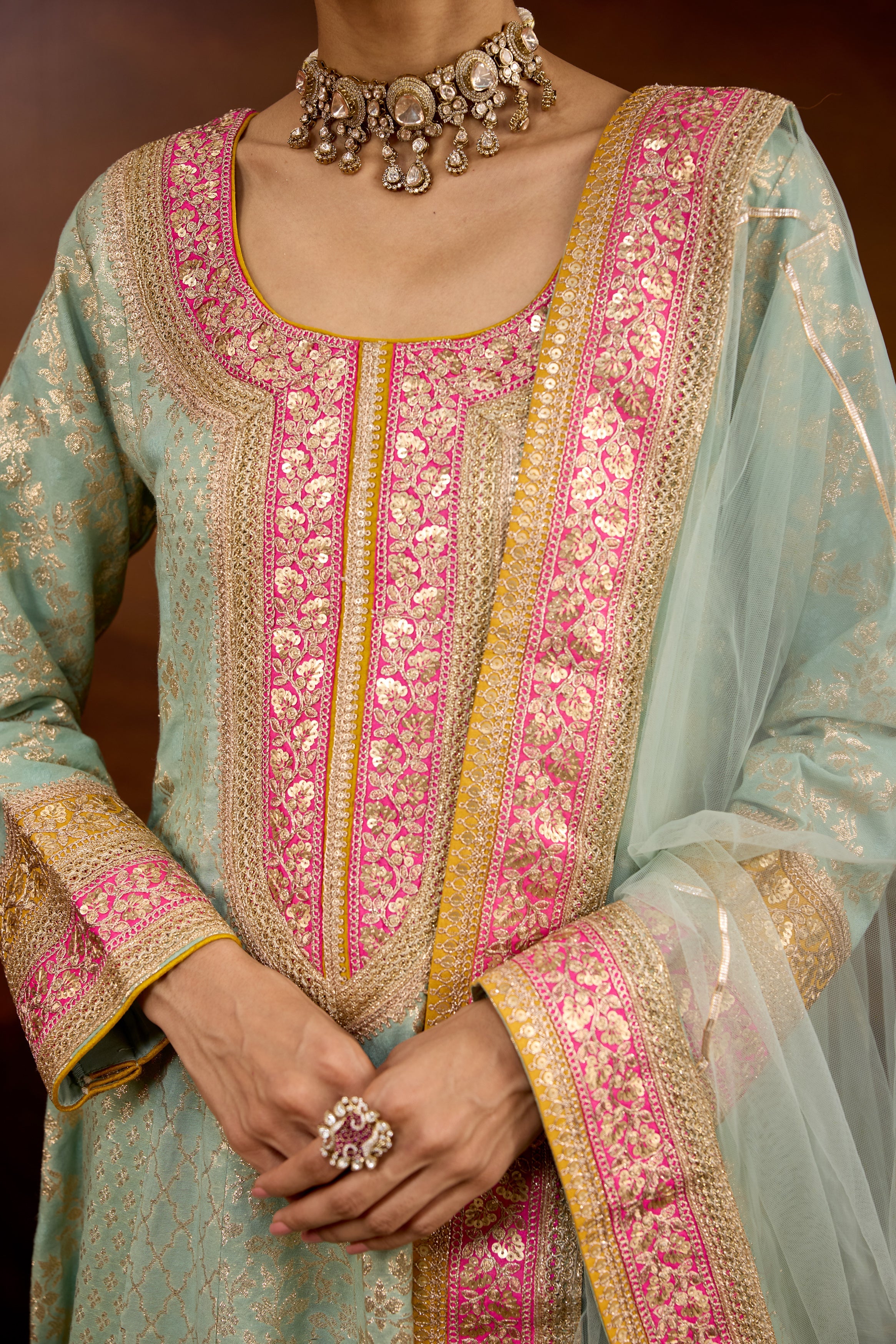 Mint Green Embellished Brocade Silk Anarkali Set