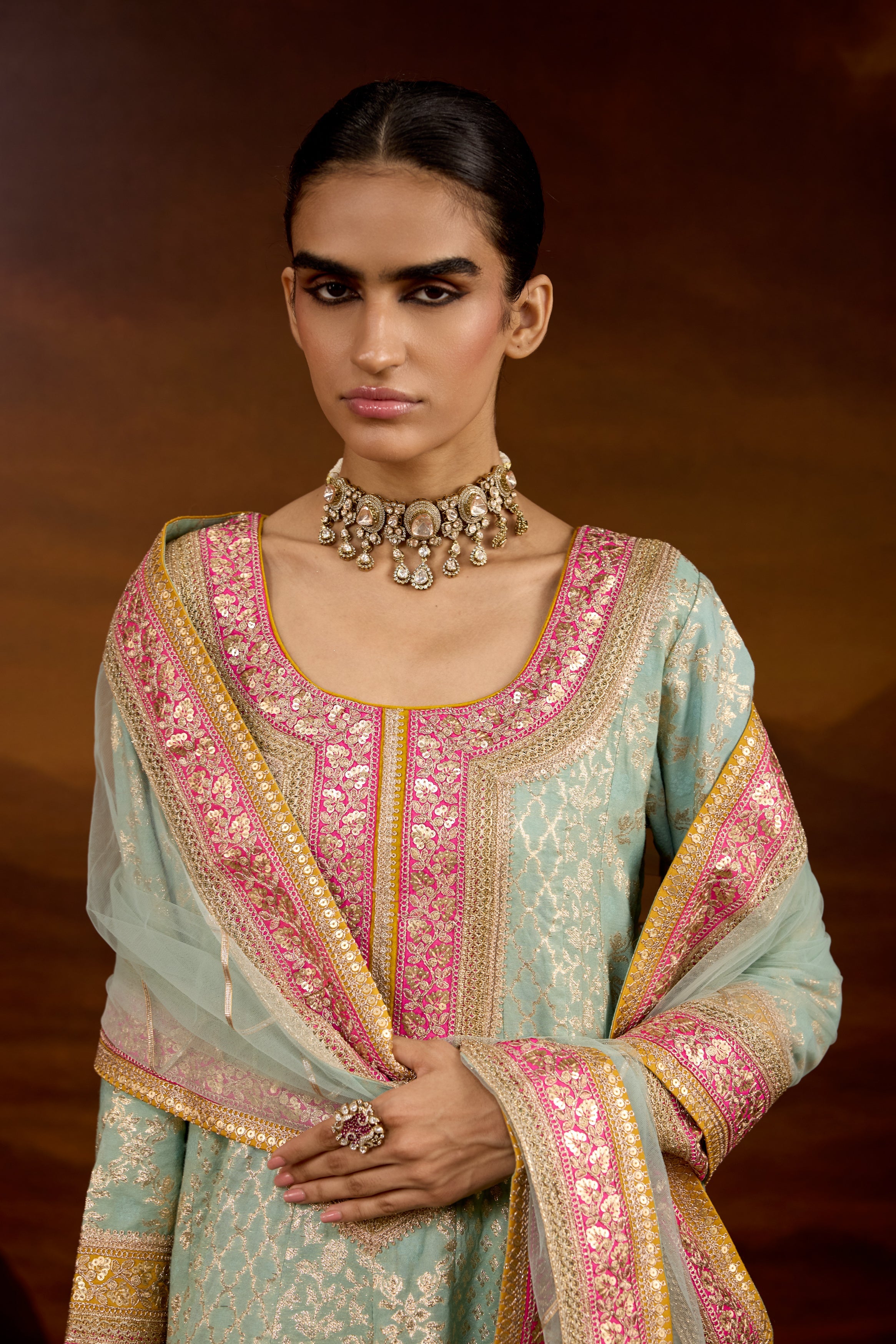 Mint Green Embellished Brocade Silk Anarkali Set