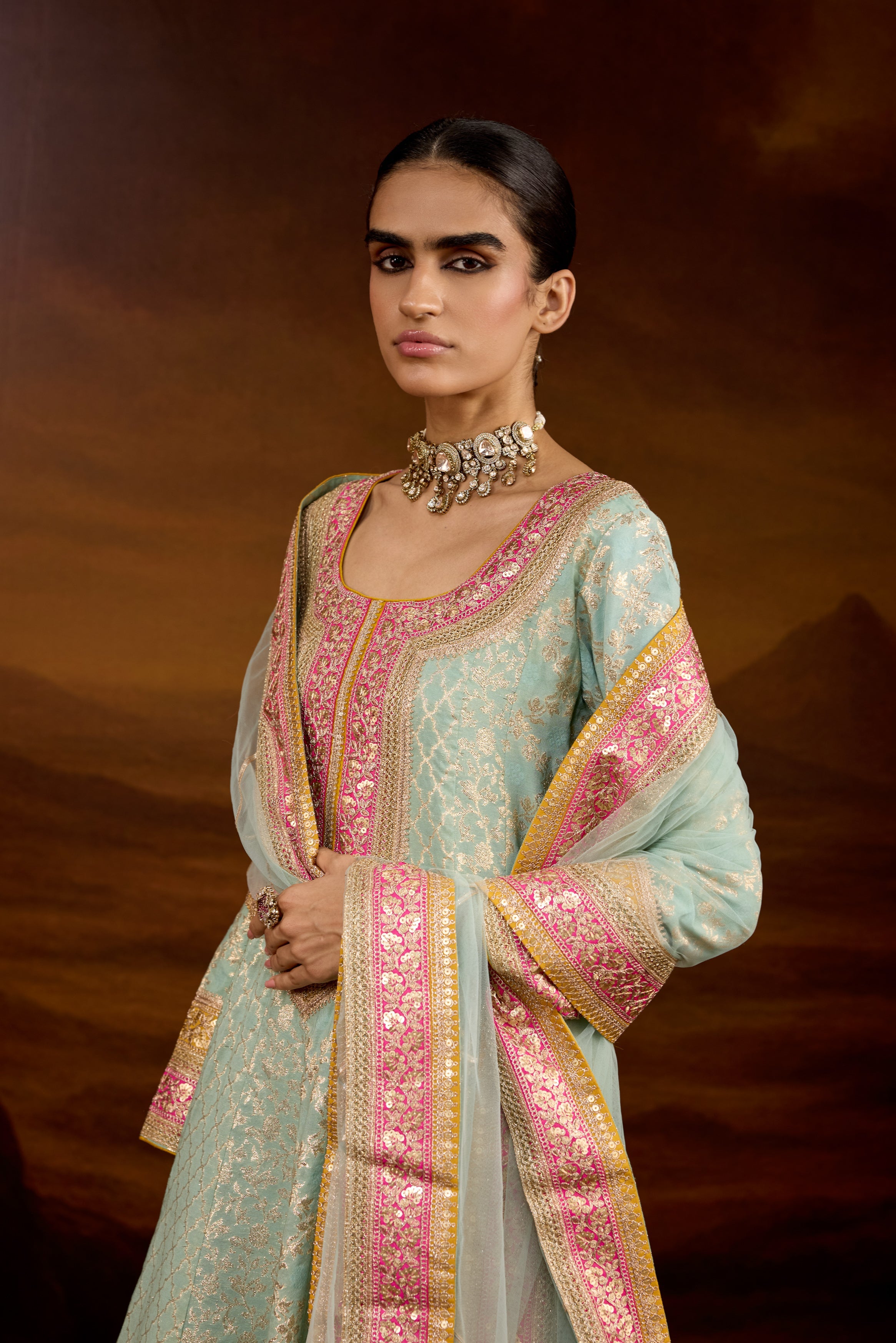 Mint Green Embellished Brocade Silk Anarkali Set