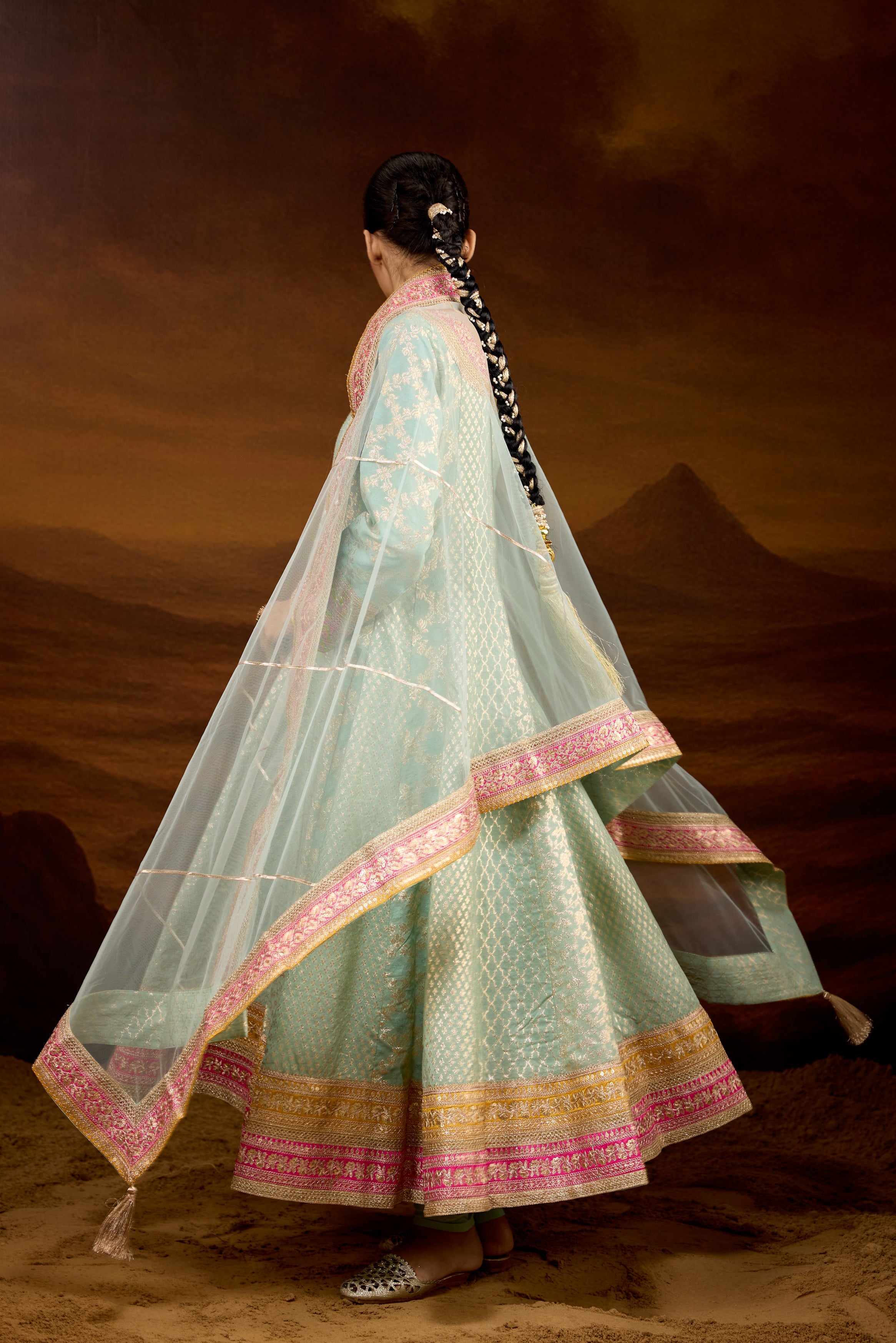Mint Green Embellished Brocade Silk Anarkali Set