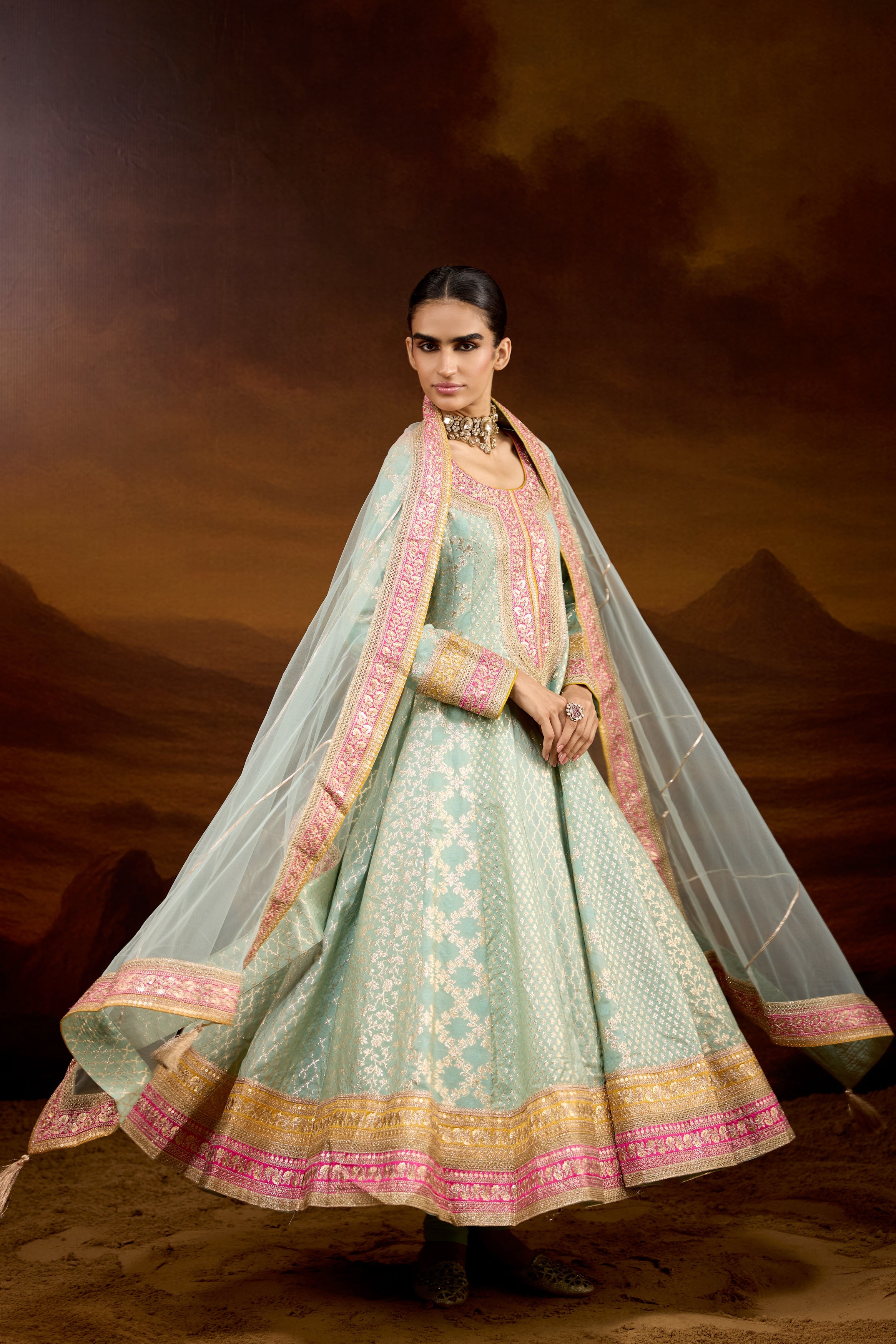 Mint Green Embellished Brocade Silk Anarkali Set